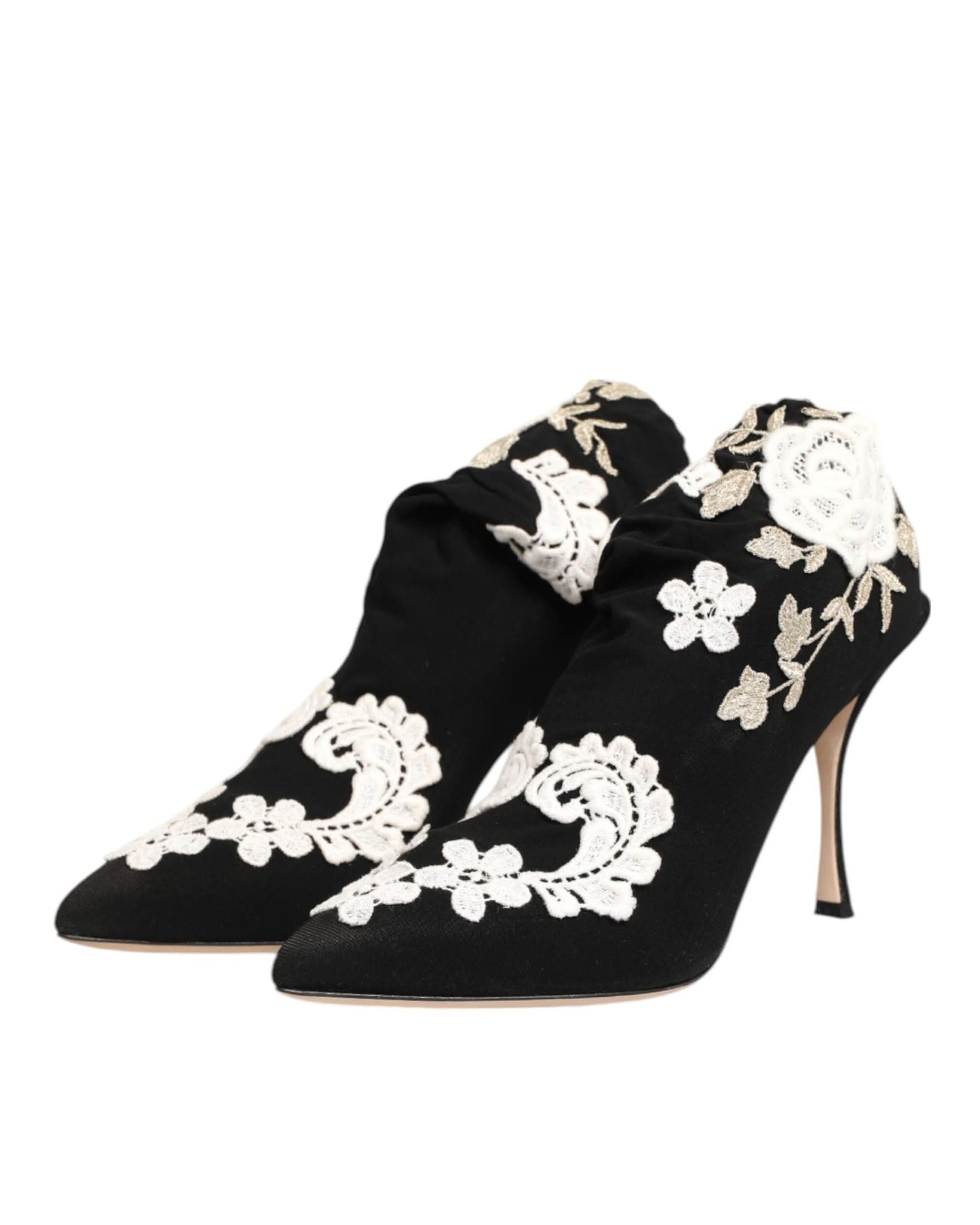 Dolce & Gabbana Black Jersey White Embroidered Stiletto Boots Shoes Boots