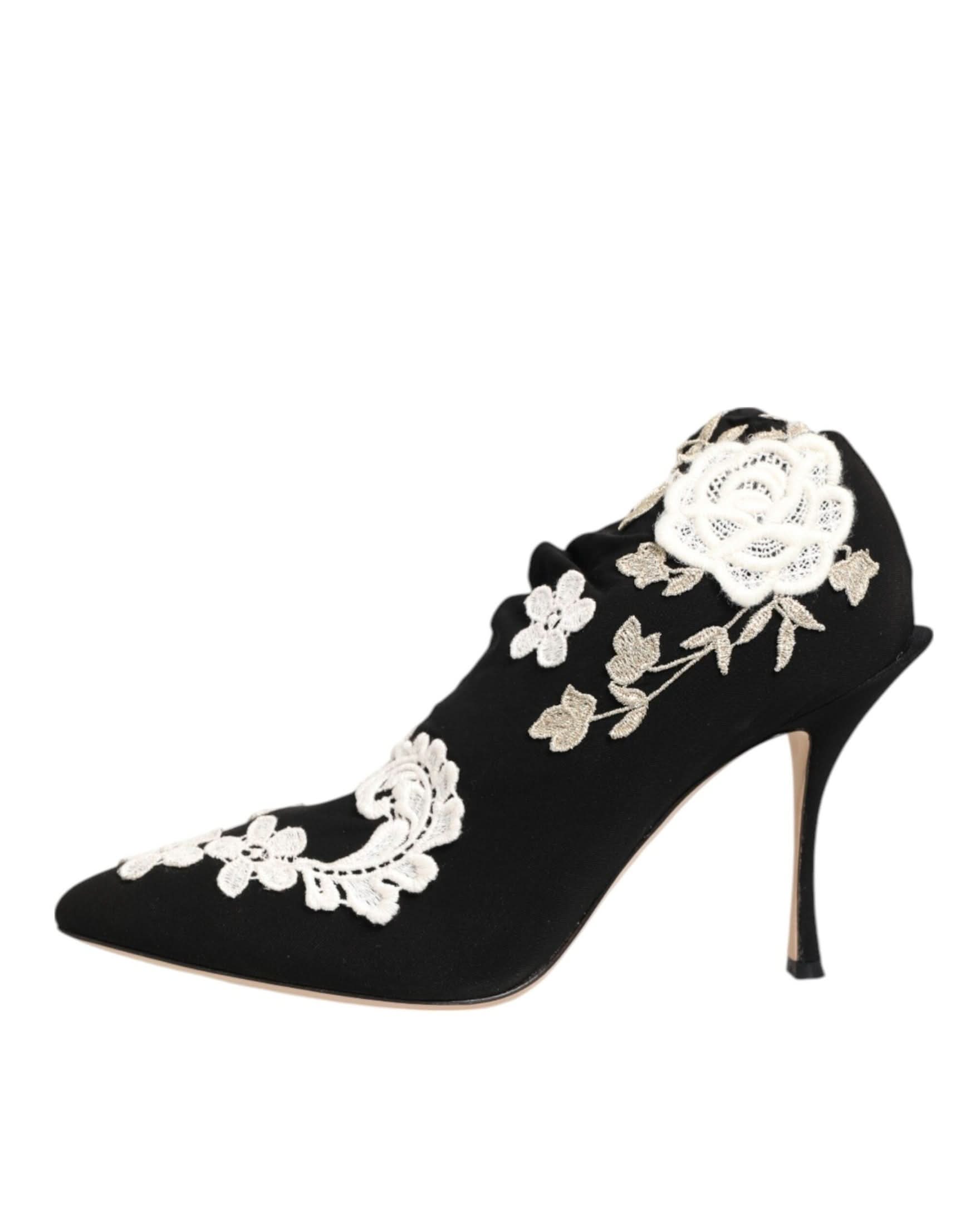 Dolce & Gabbana Black Jersey White Embroidered Stiletto Boots Shoes Boots