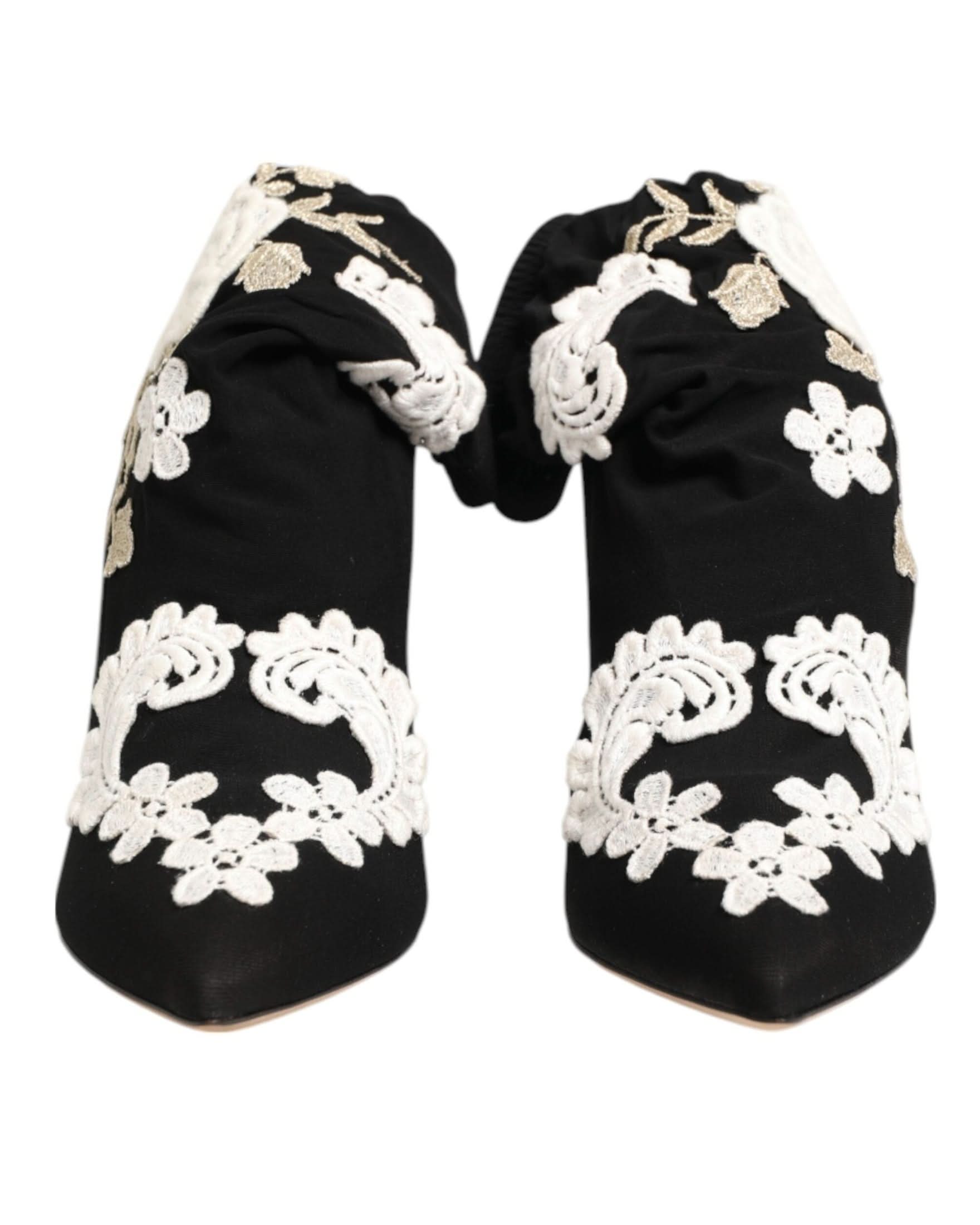 Dolce & Gabbana Black Jersey White Embroidered Stiletto Boots Shoes Boots
