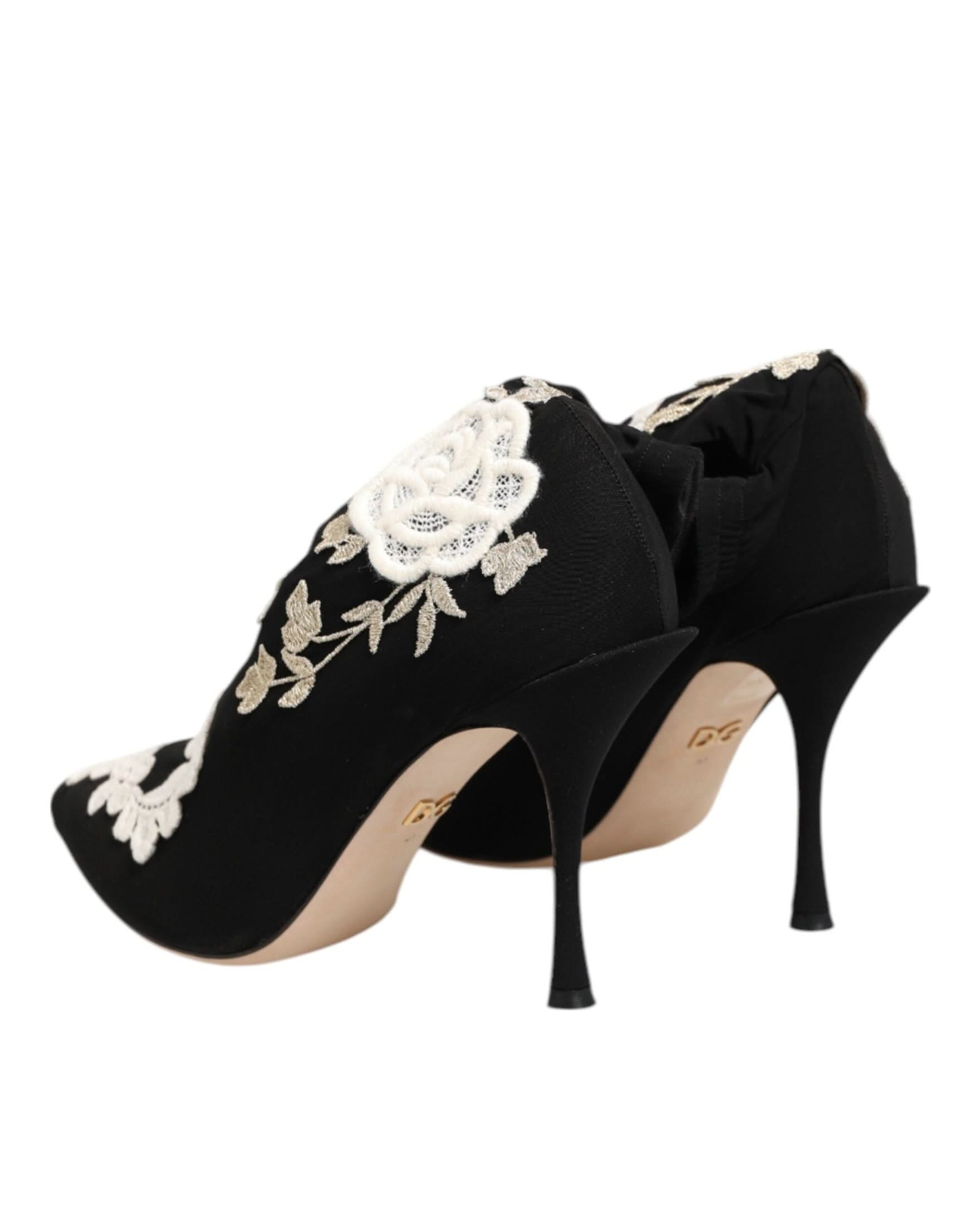 Dolce & Gabbana Black Jersey White Embroidered Stiletto Boots Shoes Boots