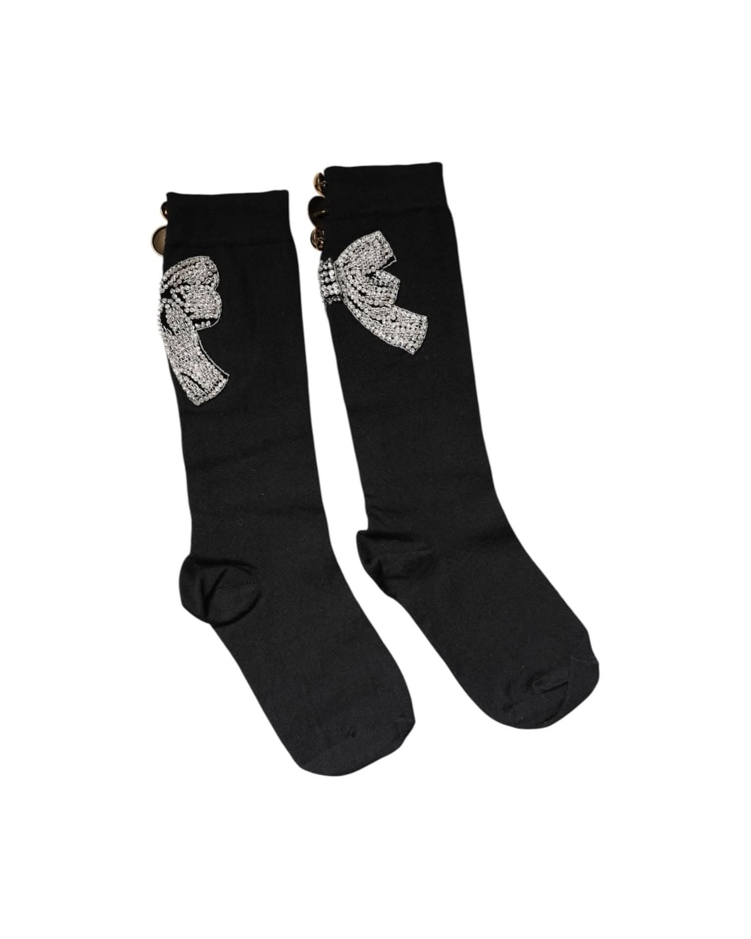 Dolce & Gabbana Black Knit Floral Crystal Embellishment Socks Socks
