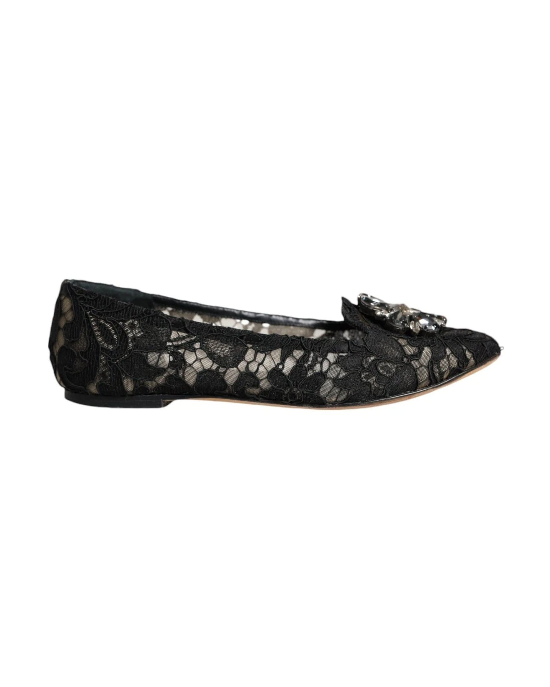 Dolce & Gabbana Black Lace Crystal Ballet Flats Loafer Shoes Flats