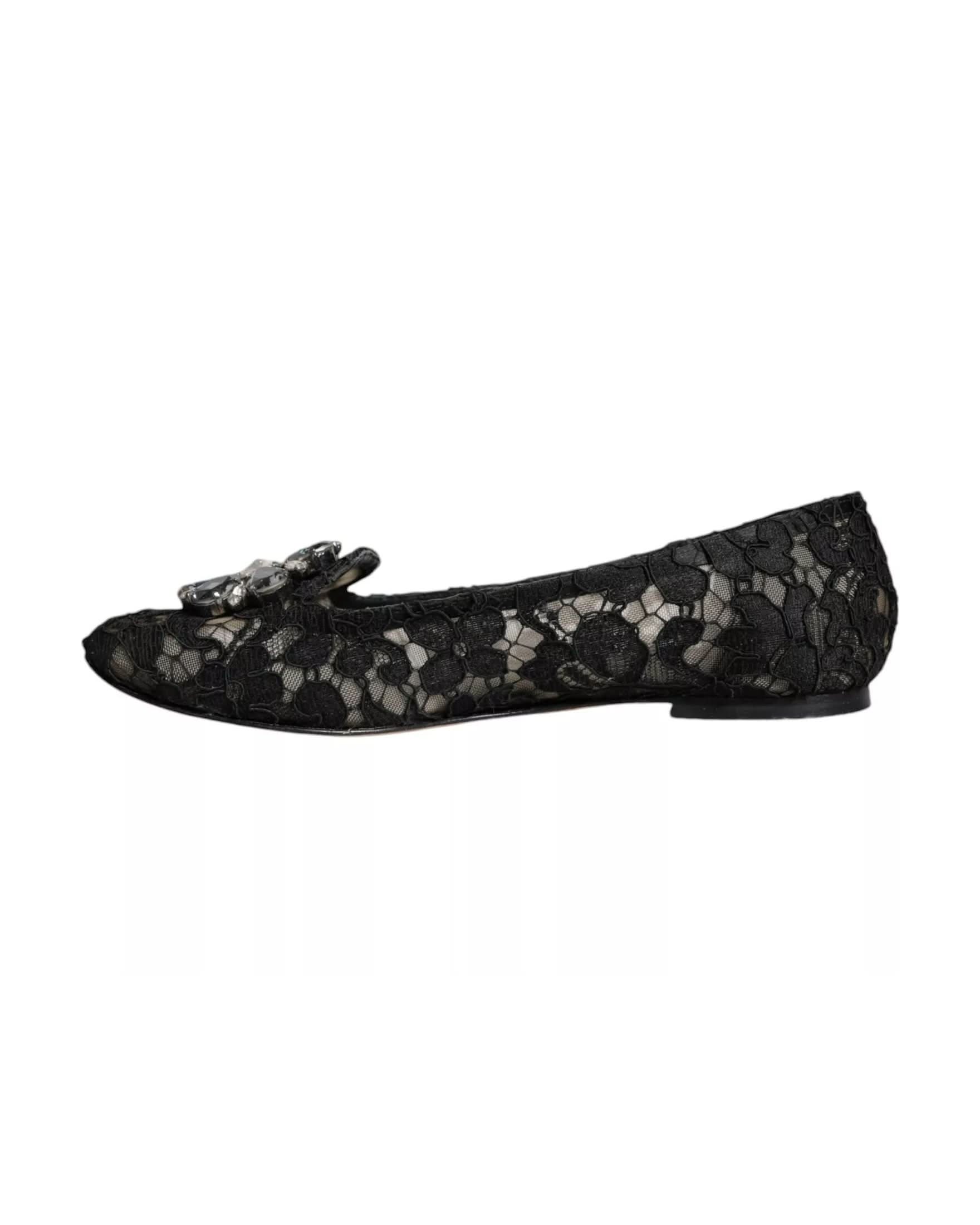 Dolce & Gabbana Black Lace Crystal Ballet Flats Loafer Shoes Flats
