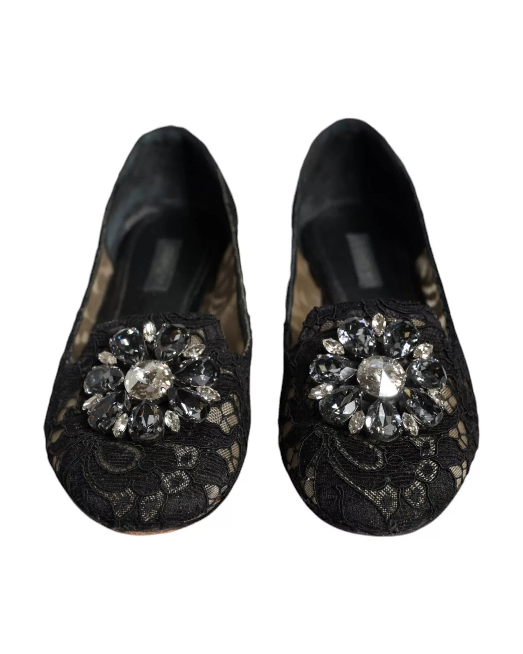 Dolce & Gabbana Black Lace Crystal Ballet Flats Loafer Shoes Glam Steals