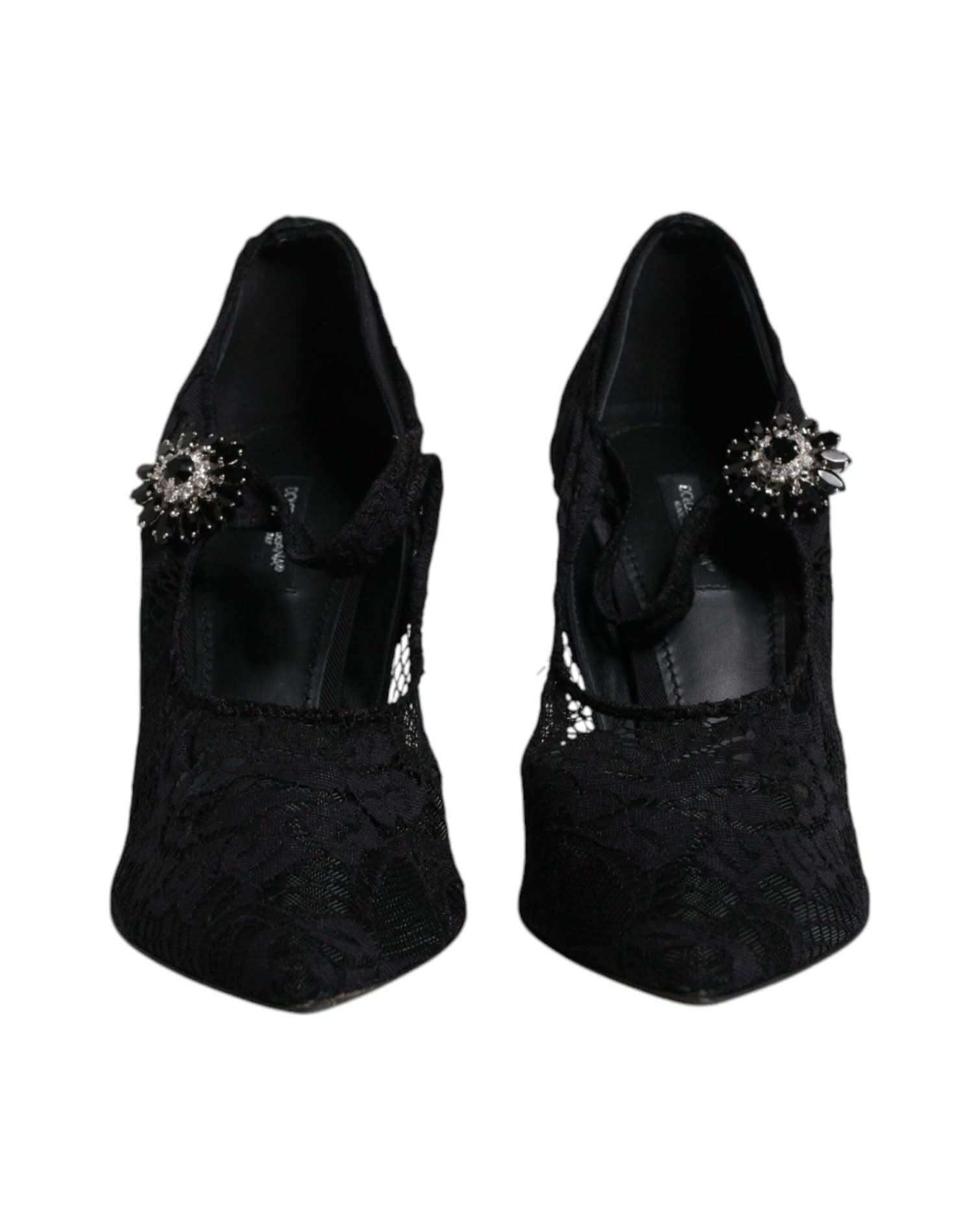 Dolce & Gabbana Black Lace Crystals Mary Jane Pumps Shoes Heels