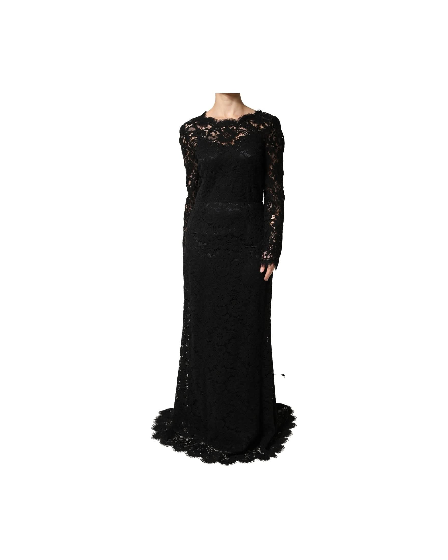 Dolce & Gabbana Black Lace Long Sleeves Cotton Maxi Dress