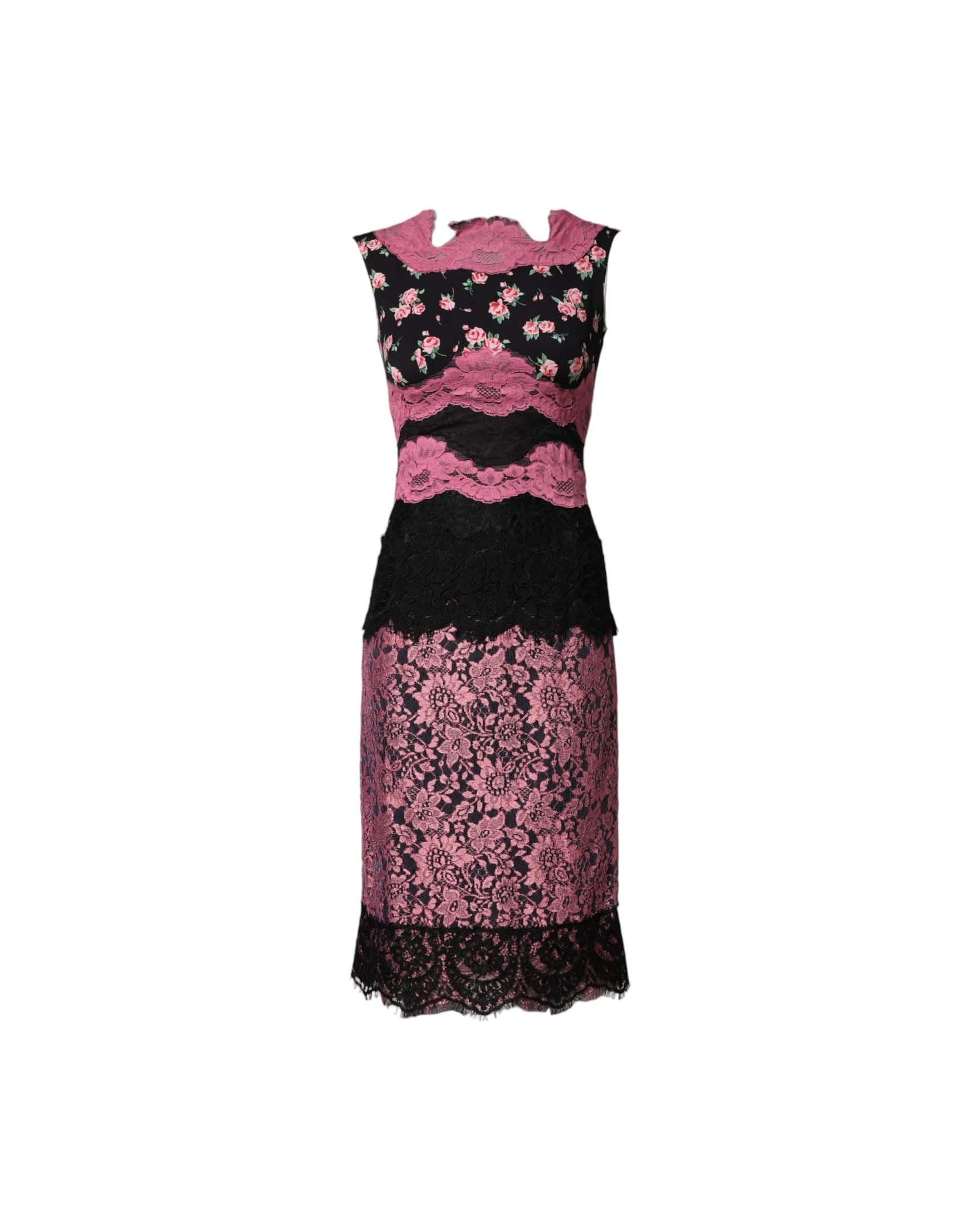 Dolce & Gabbana Black Lace Pink Floral Silk Sheath Dress Dresses