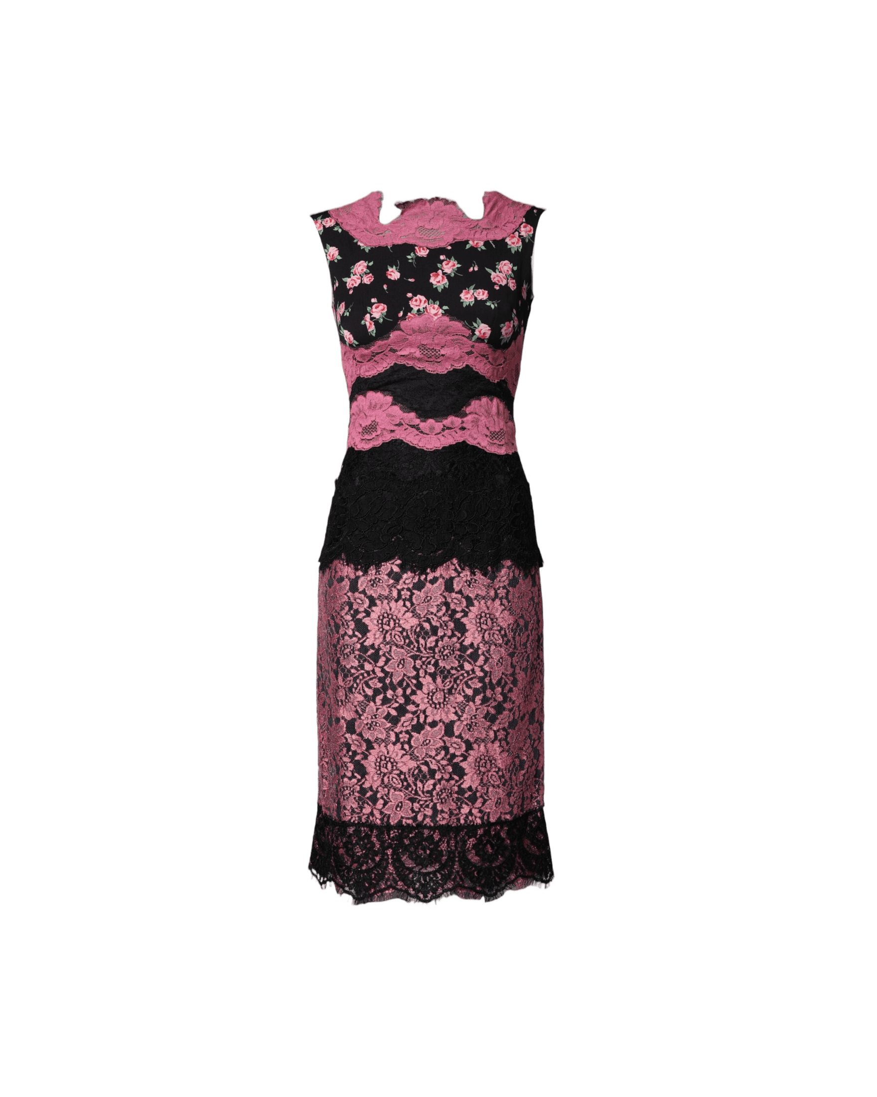 Dolce & Gabbana Black Lace Pink Floral Silk Sheath Dress Dresses