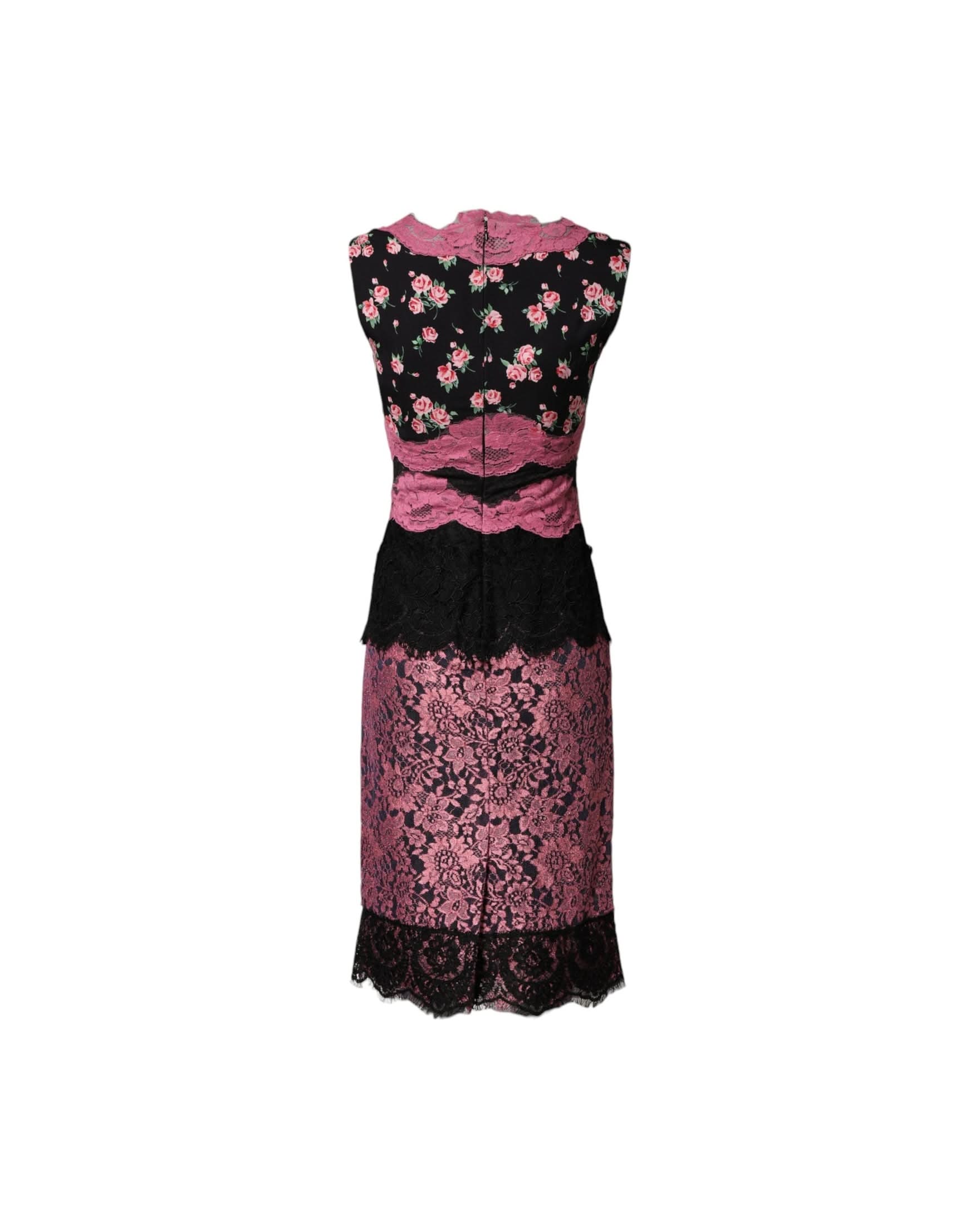 Dolce & Gabbana Black Lace Pink Floral Silk Sheath Dress Dresses