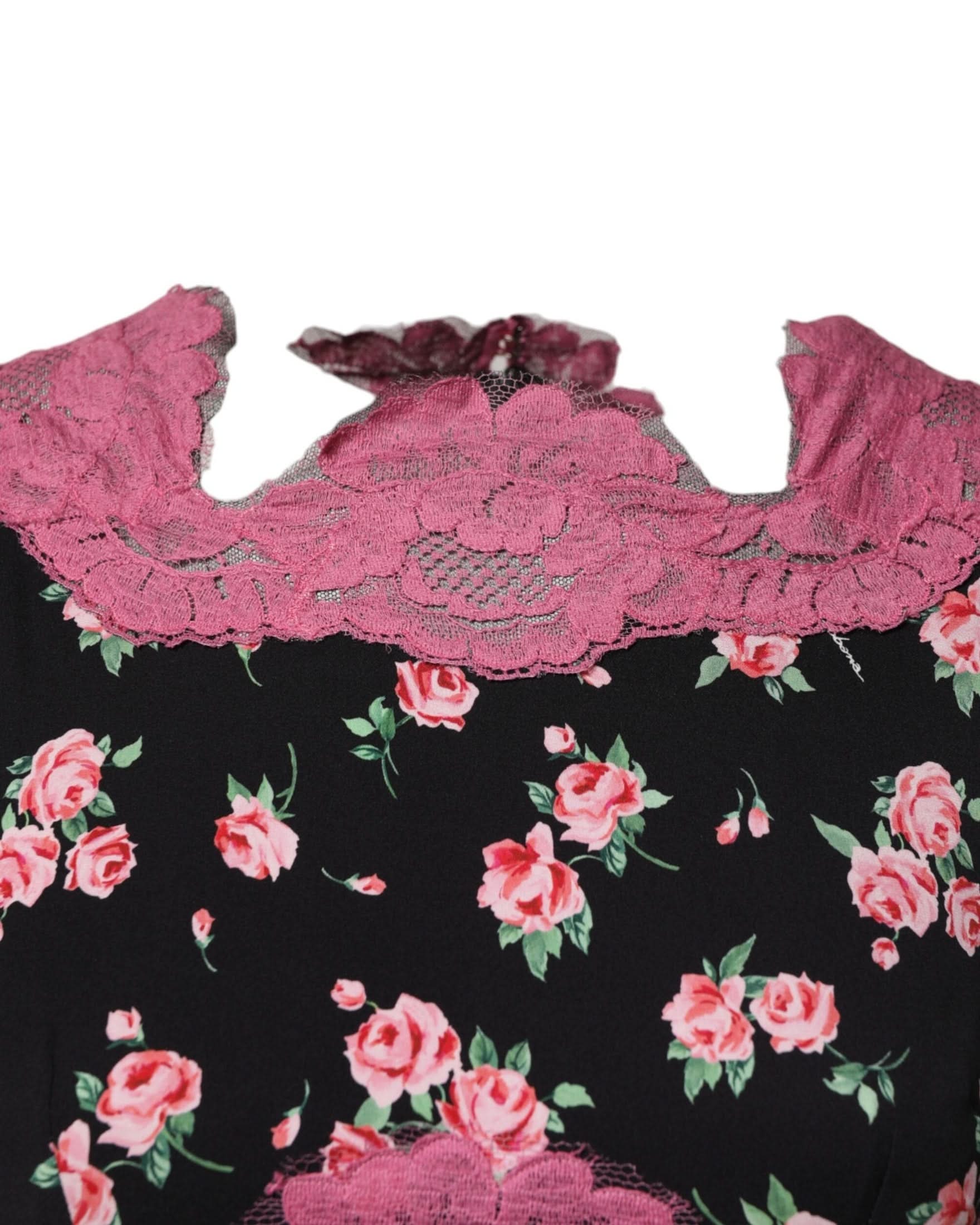 Dolce & Gabbana Black Lace Pink Floral Silk Sheath Dress Dresses