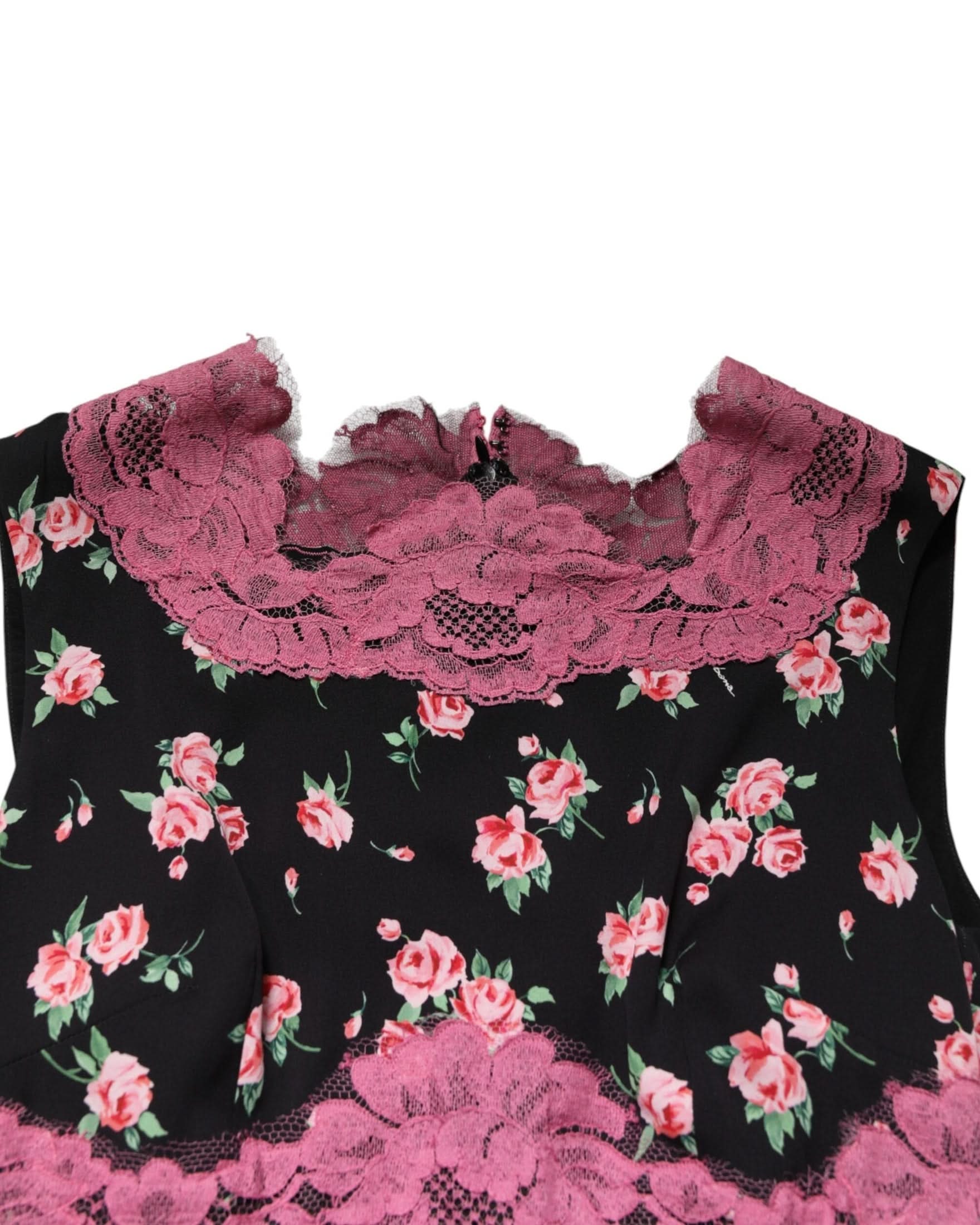 Dolce & Gabbana Black Lace Pink Floral Silk Sheath Dress Dresses