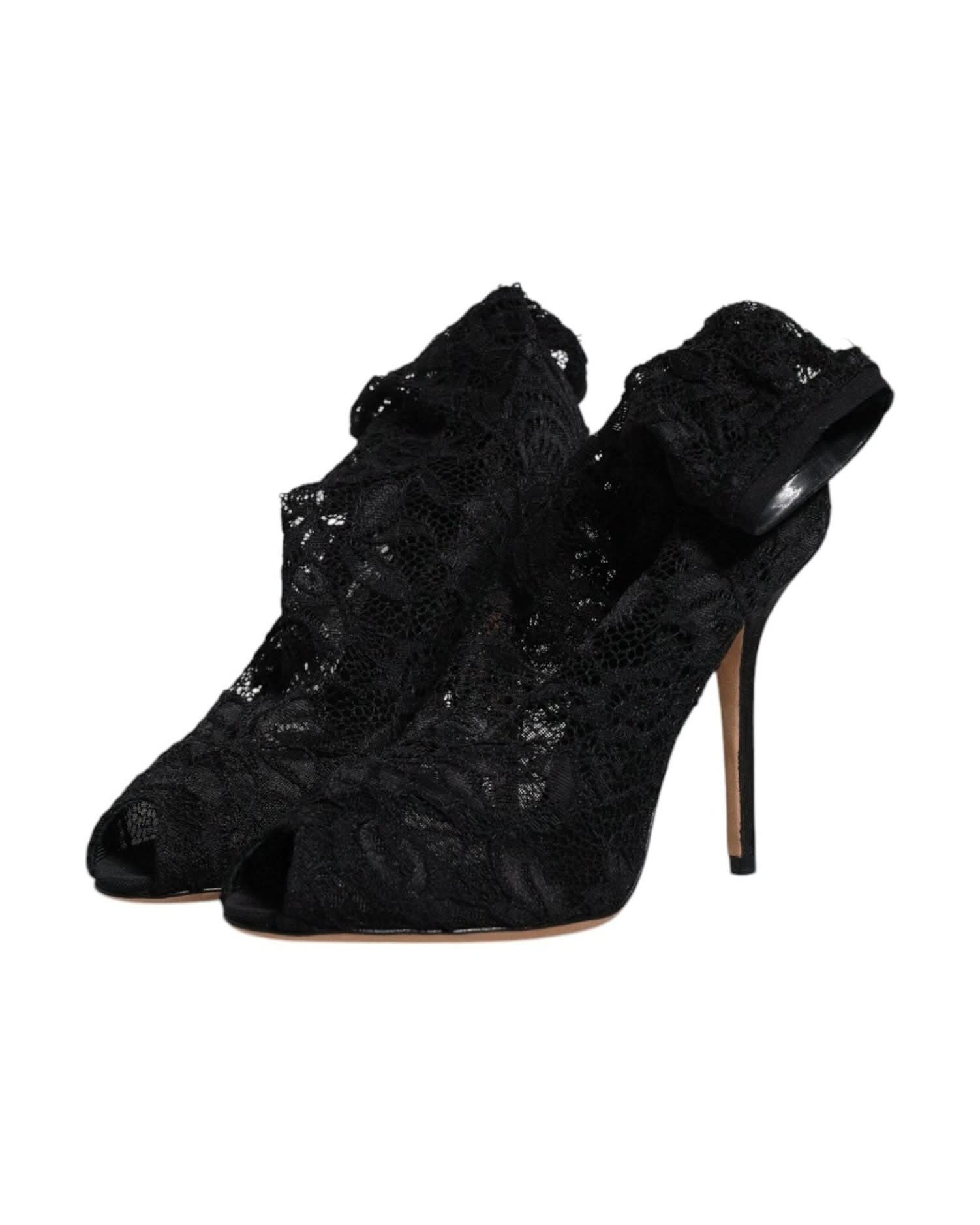 Dolce & Gabbana Black Lace Stretch Heels Mid Calf Boots Shoes Boots