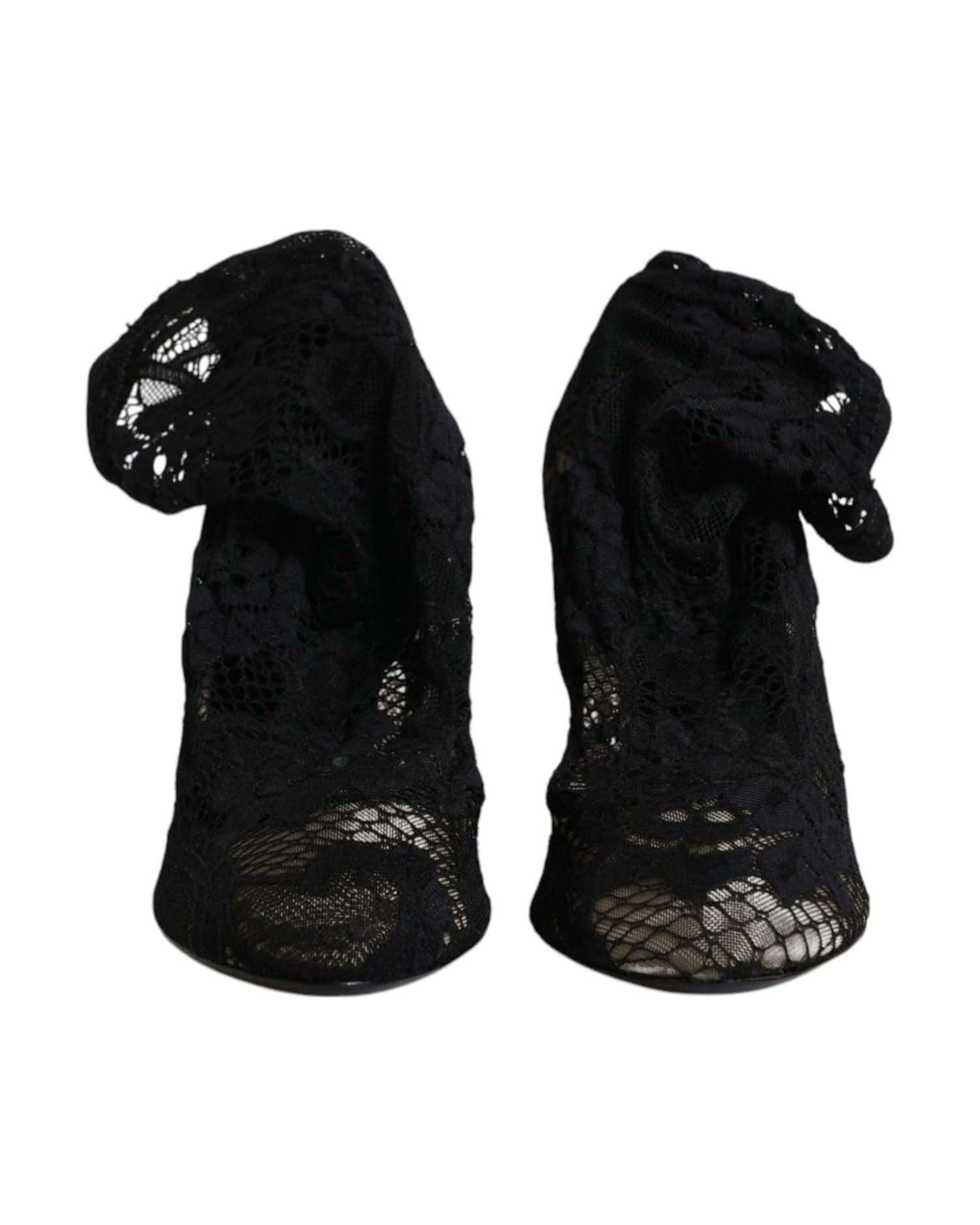 Dolce & Gabbana Black Lace Stretch Heels Mid Calf Boots Shoes Boots