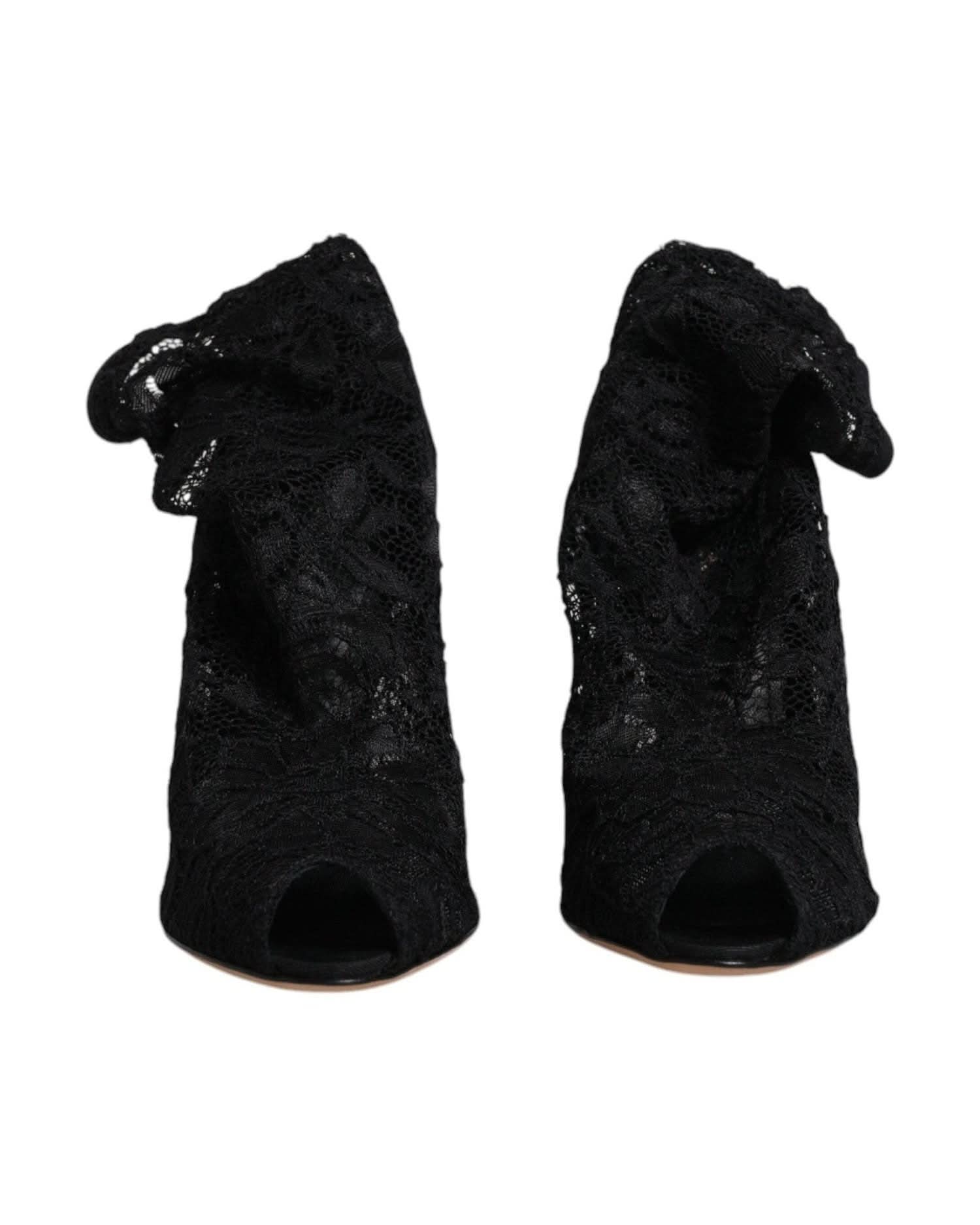 Dolce & Gabbana Black Lace Stretch Heels Mid Calf Boots Shoes Boots