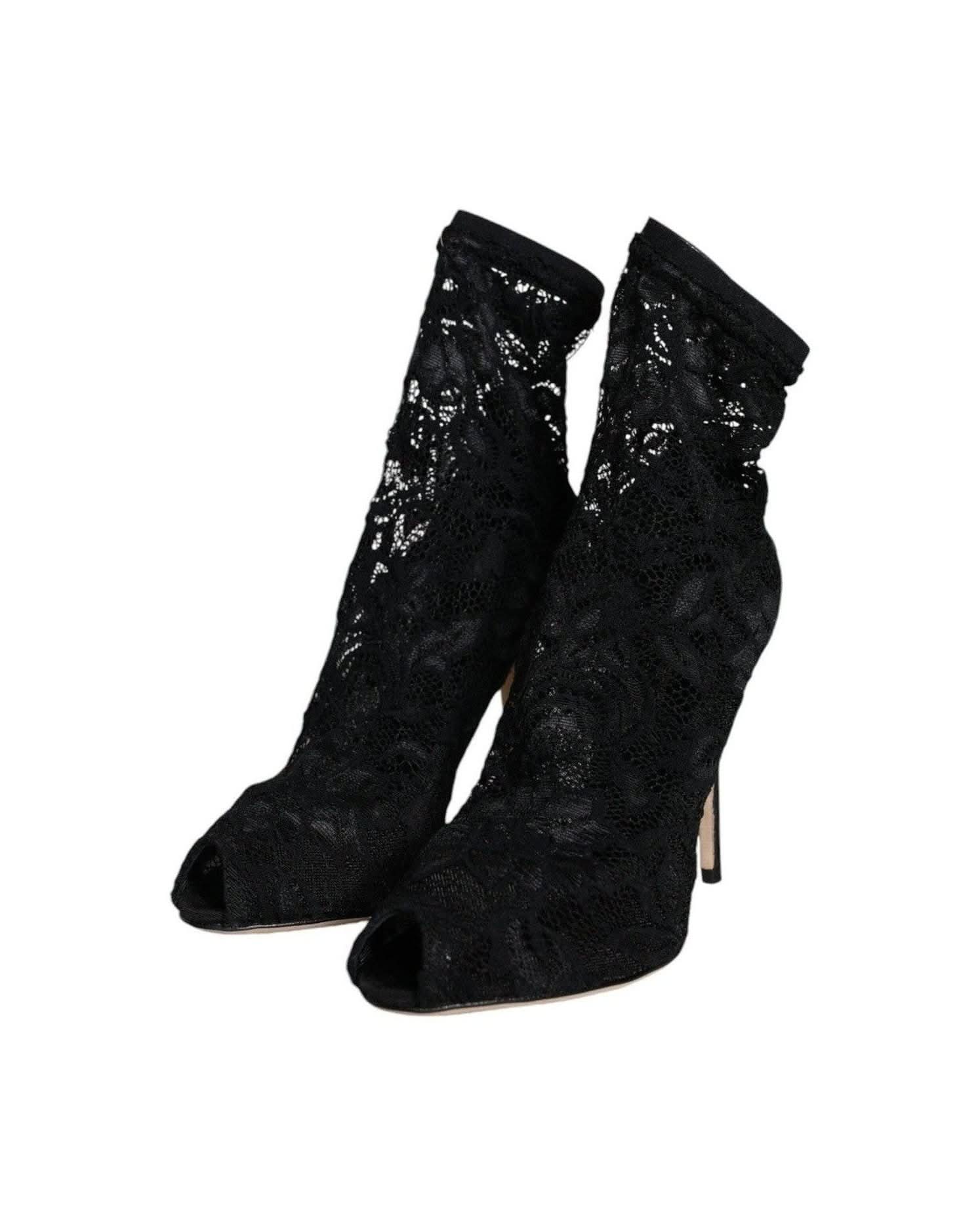 Dolce & Gabbana Black Lace Stretch Heels Mid Calf Boot Shoes Boots