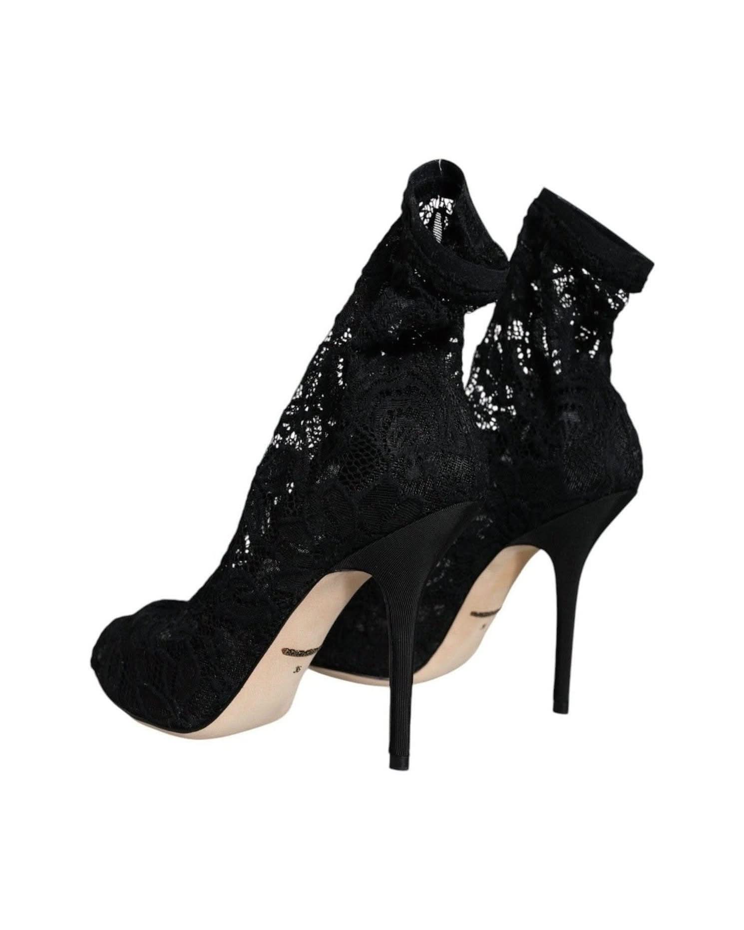Dolce & Gabbana Black Lace Stretch Heels Mid Calf Boot Shoes Boots
