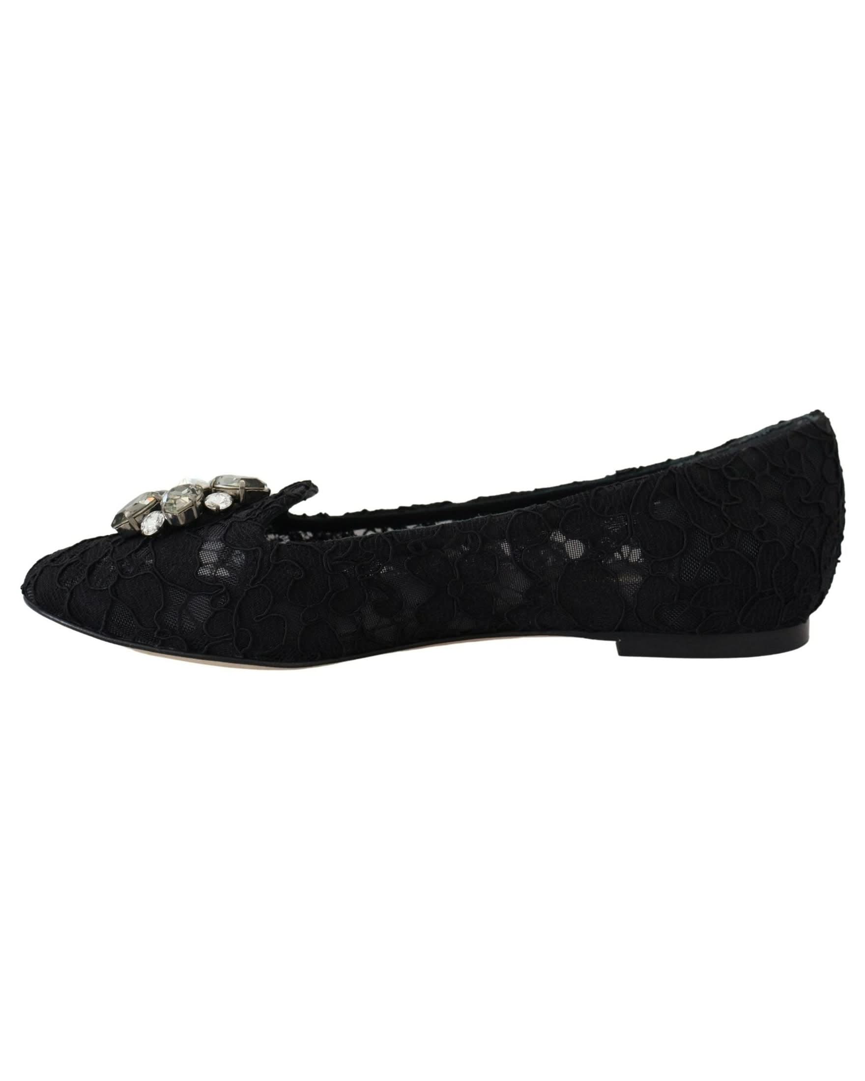 Dolce & Gabbana Black Lace Taormina Crystals Flats Flats