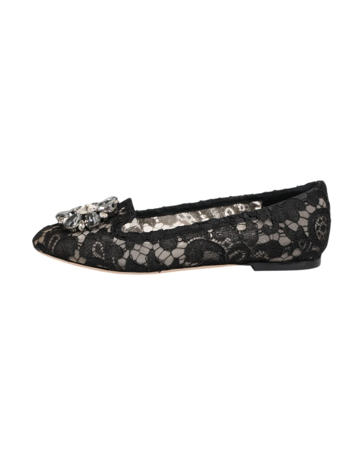 Dolce & Gabbana Black Lace Taormina Crystals Flats Shoes Shoes