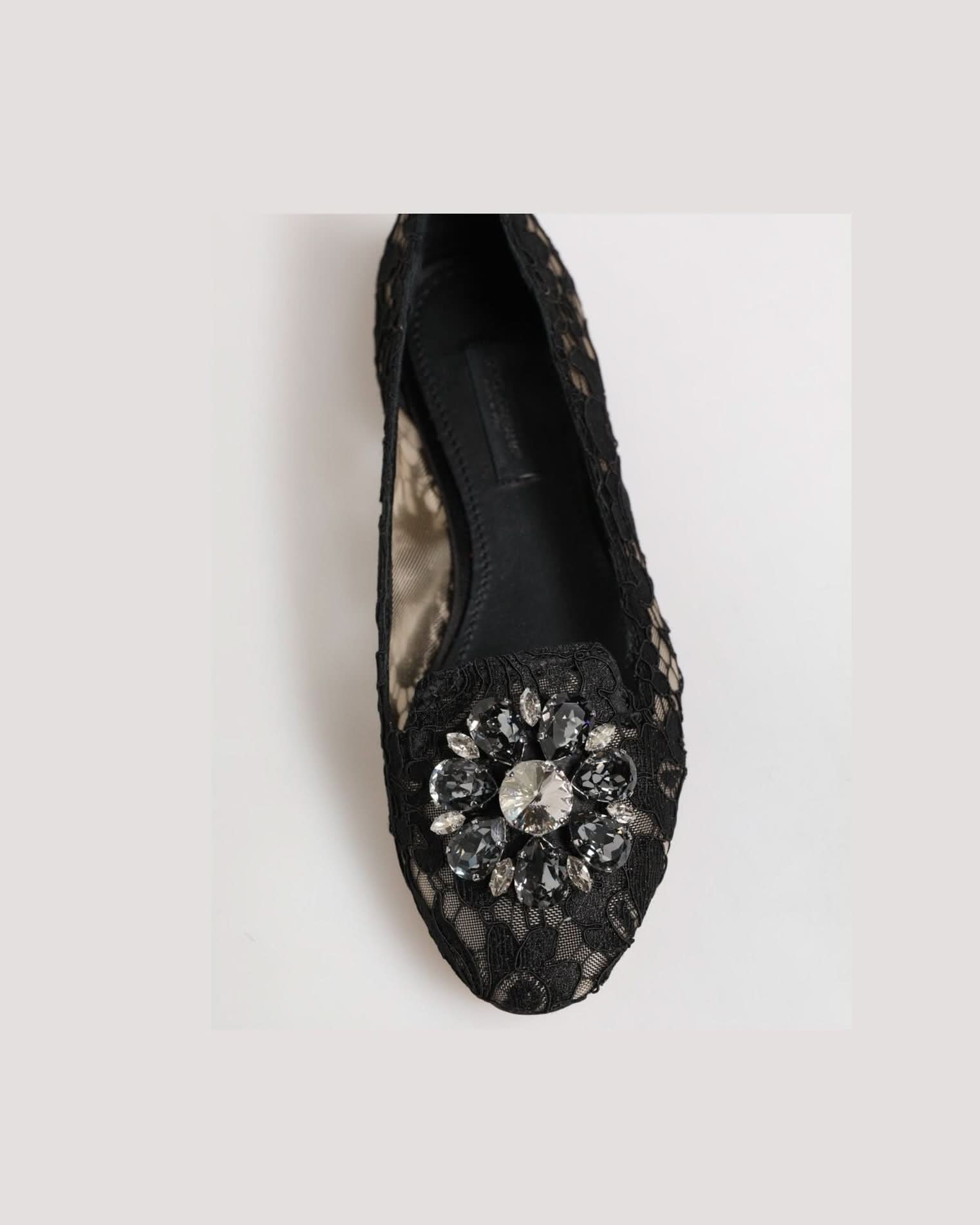 Dolce & Gabbana Black Lace Taormina Crystals Flats Shoes Shoes