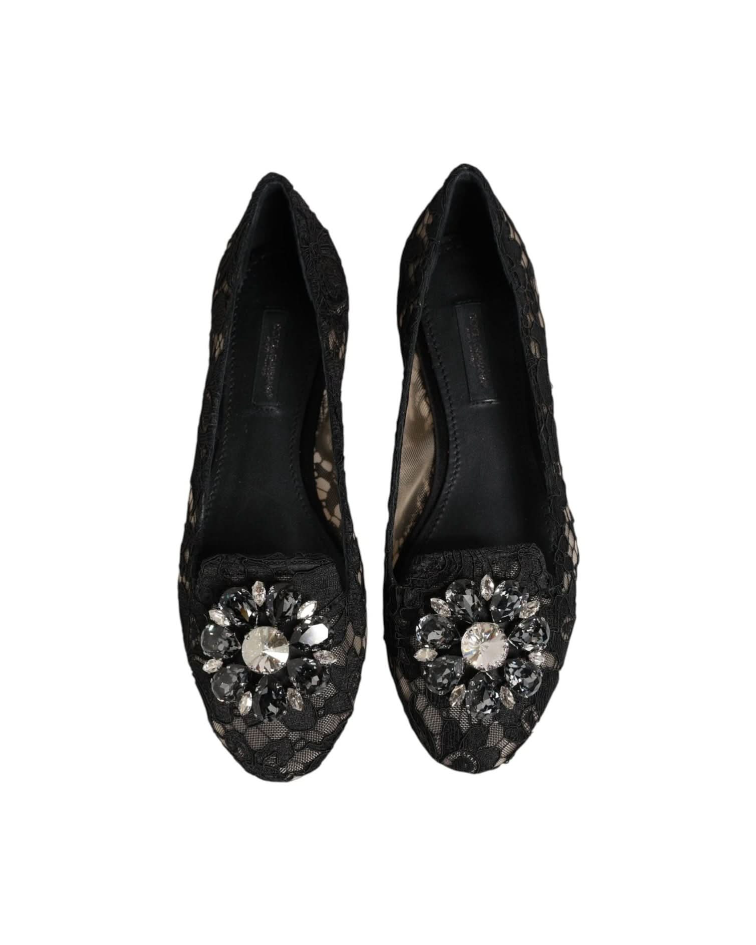 Dolce & Gabbana Black Lace Taormina Crystals Flats Shoes Shoes