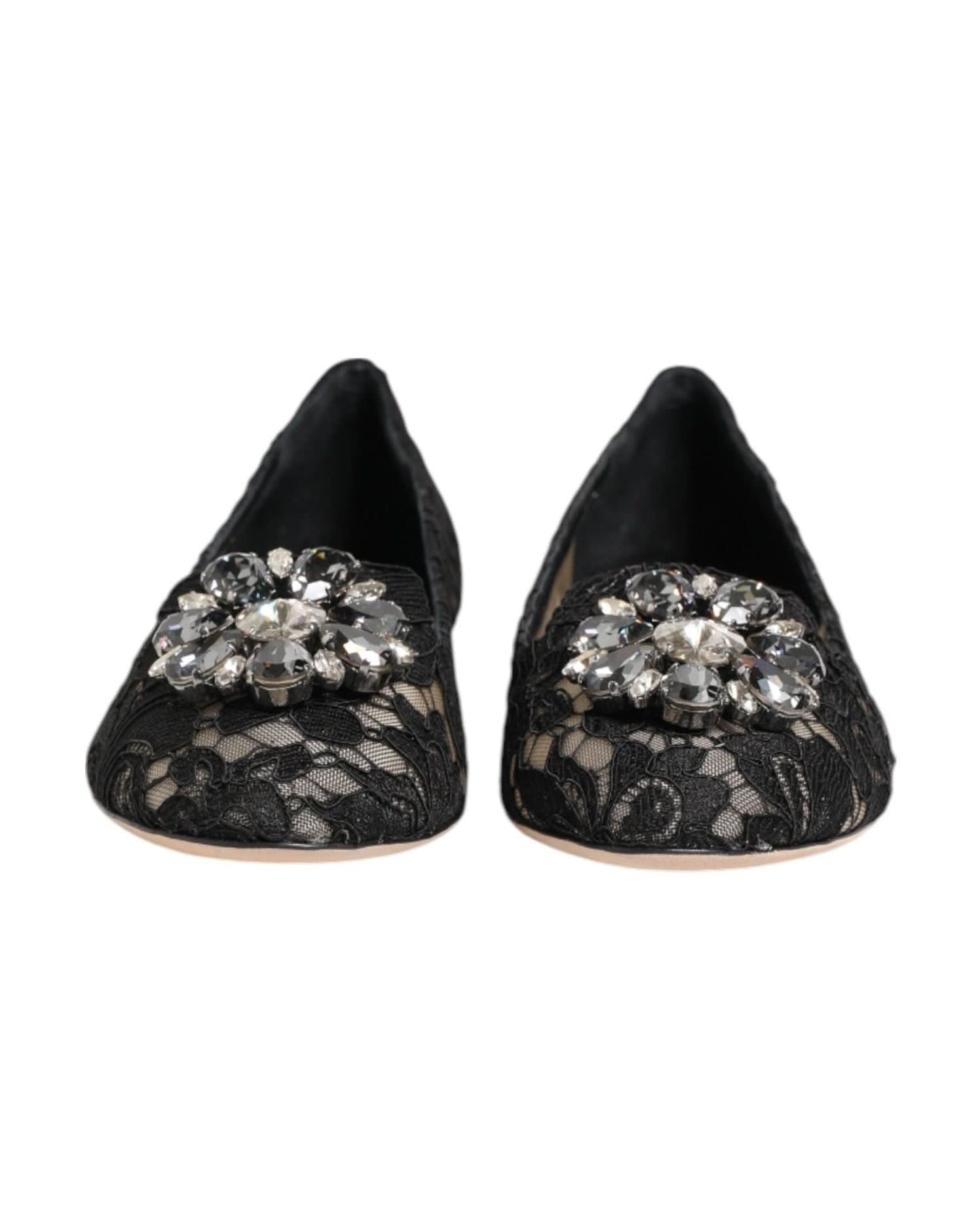 Dolce & Gabbana Black Lace Taormina Crystals Flats Shoes Shoes