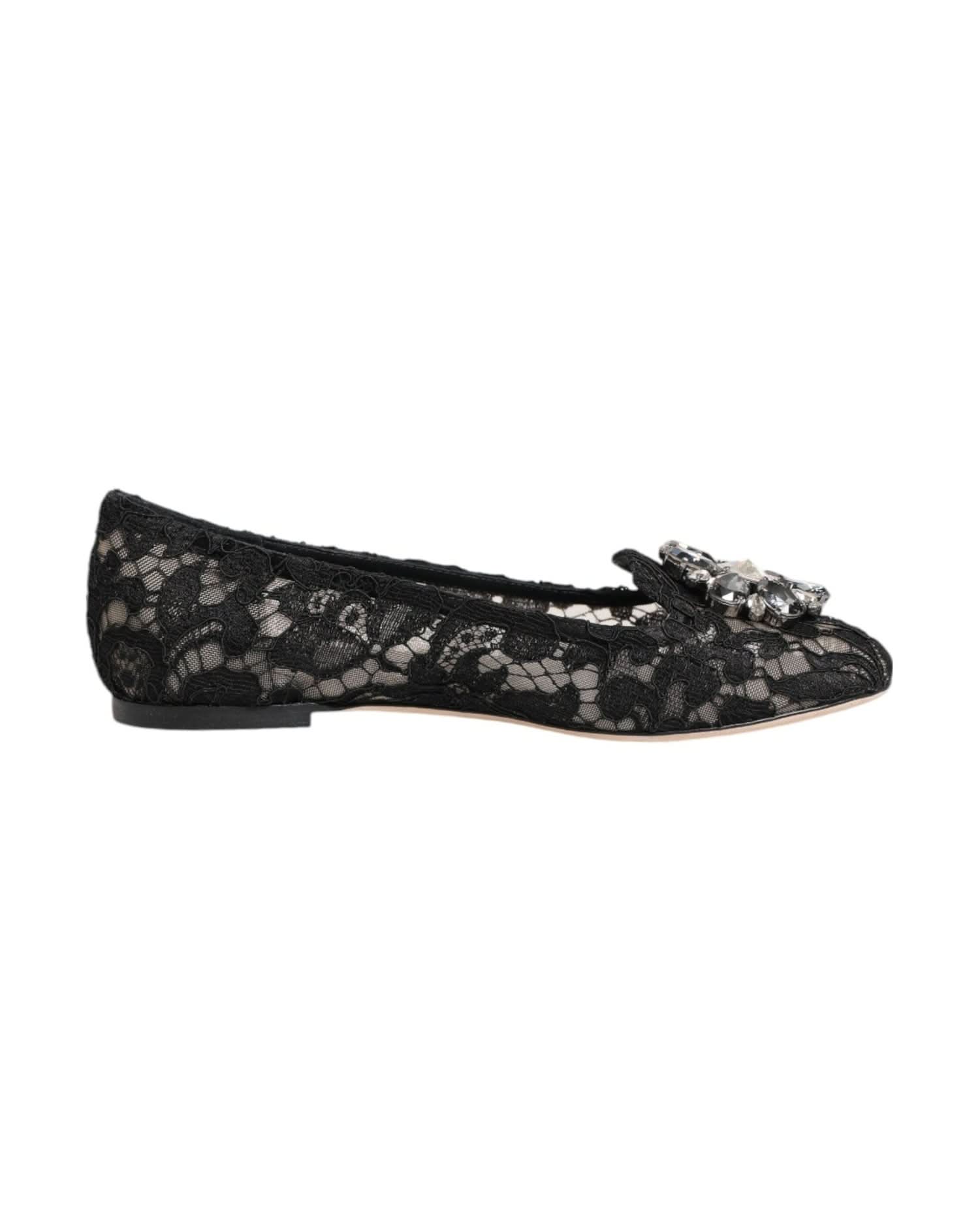 Dolce & Gabbana Black Lace Taormina Crystals Flats Shoes Shoes