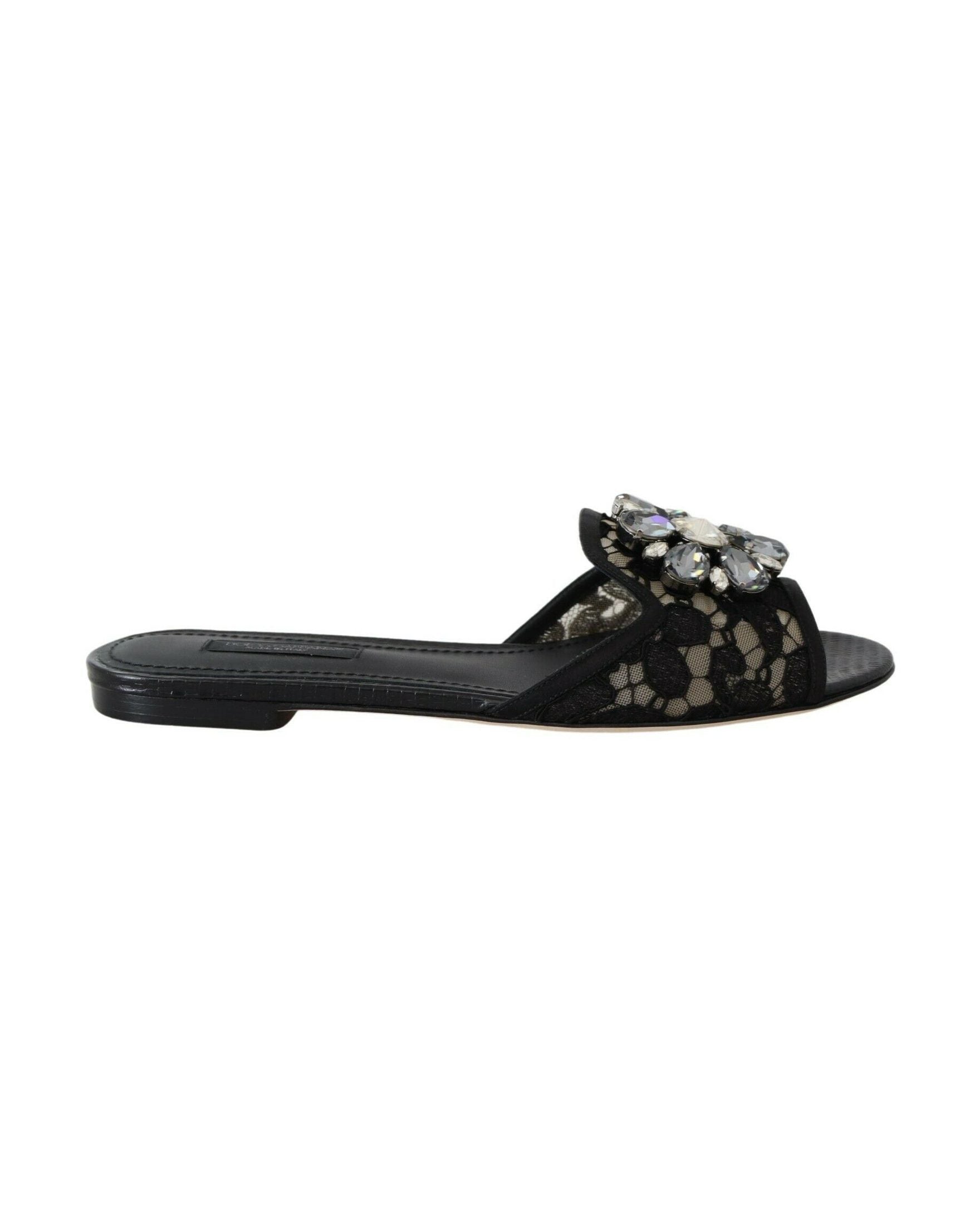 Dolce & Gabbana Black Lace Taormina Slides Crystals Flats Shoes Glam Steals