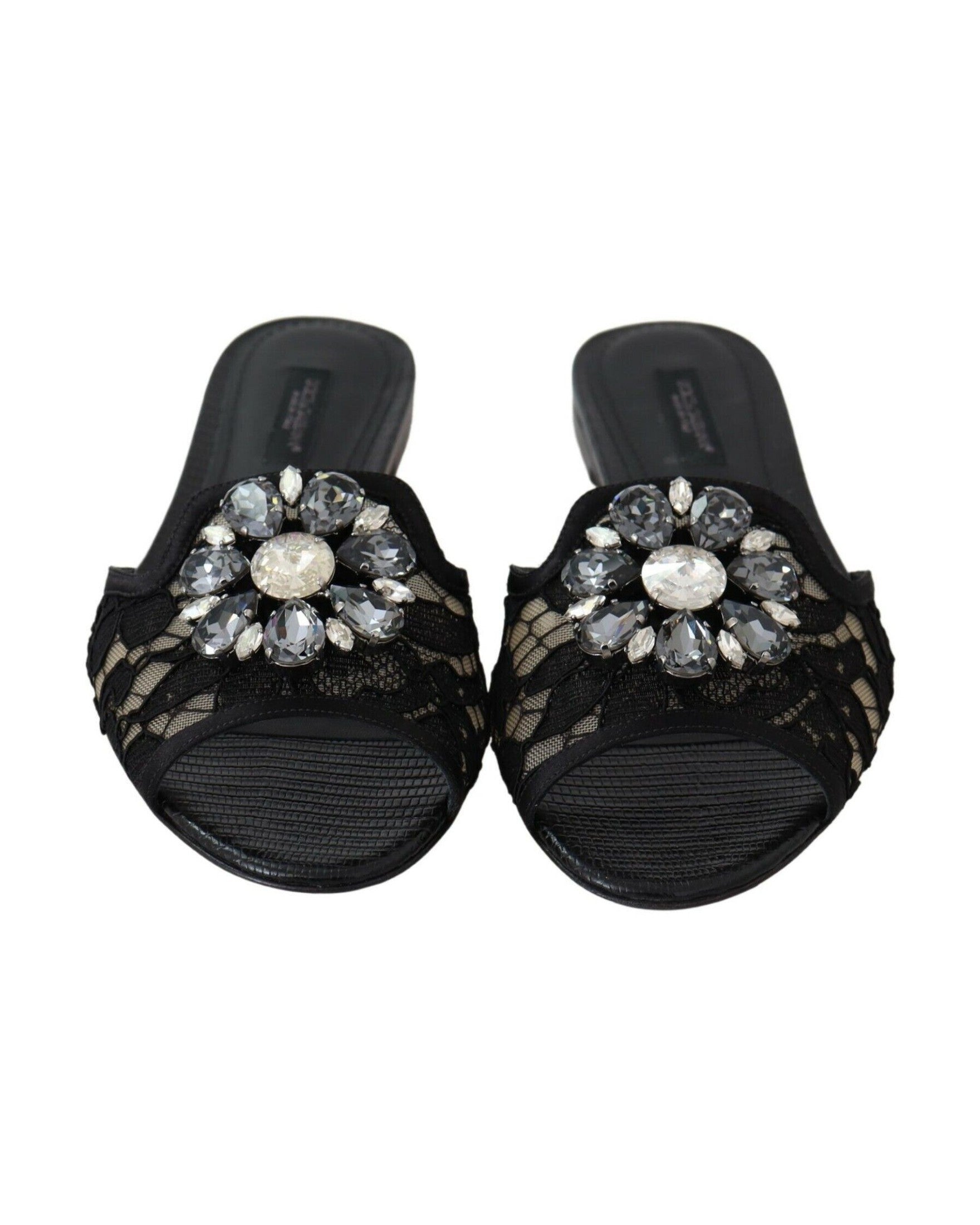 Dolce & Gabbana Black Lace Taormina Slides Crystals Flats Shoes Glam Steals