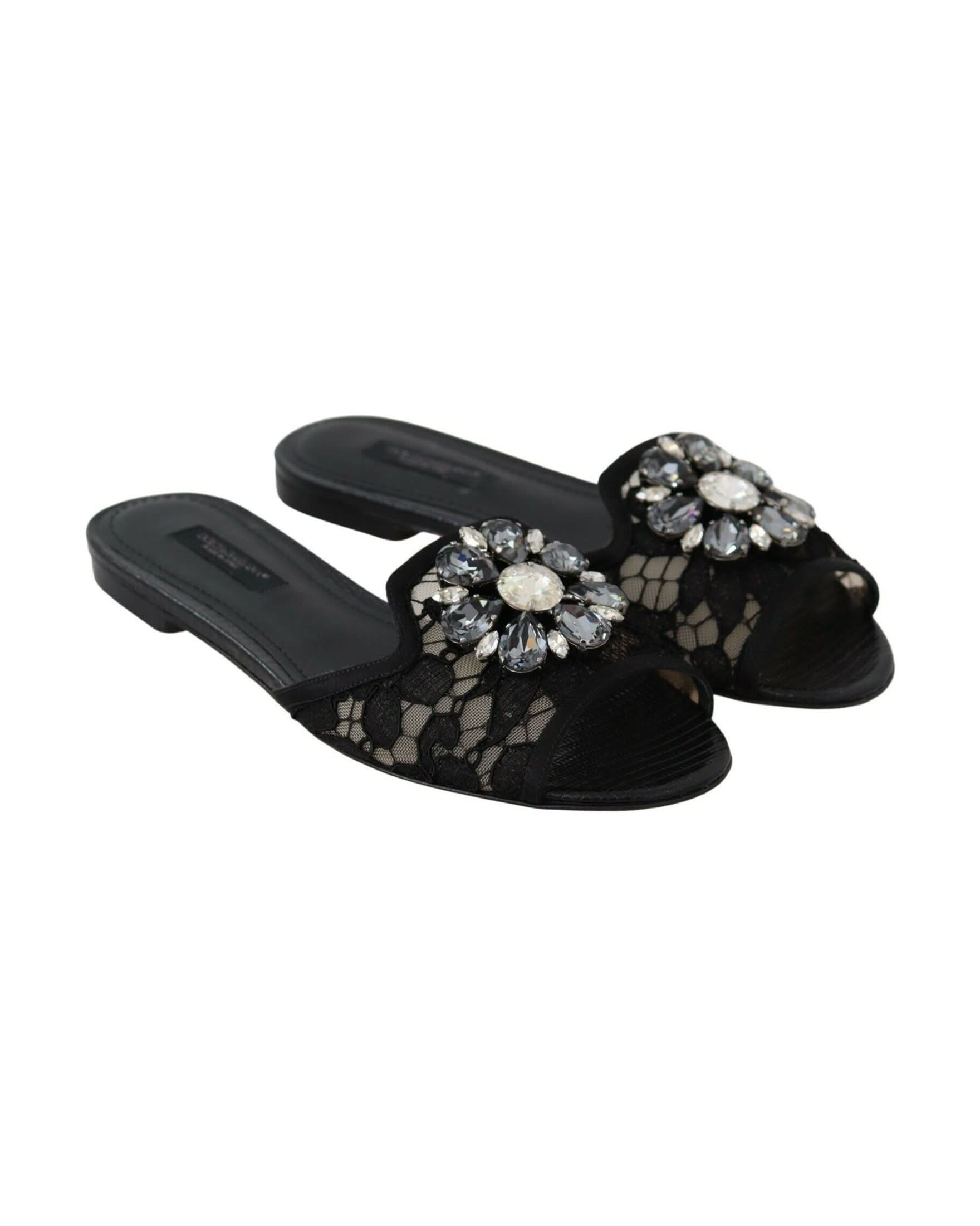 Dolce & Gabbana Black Lace Taormina Slides Crystals Flats Shoes Flats