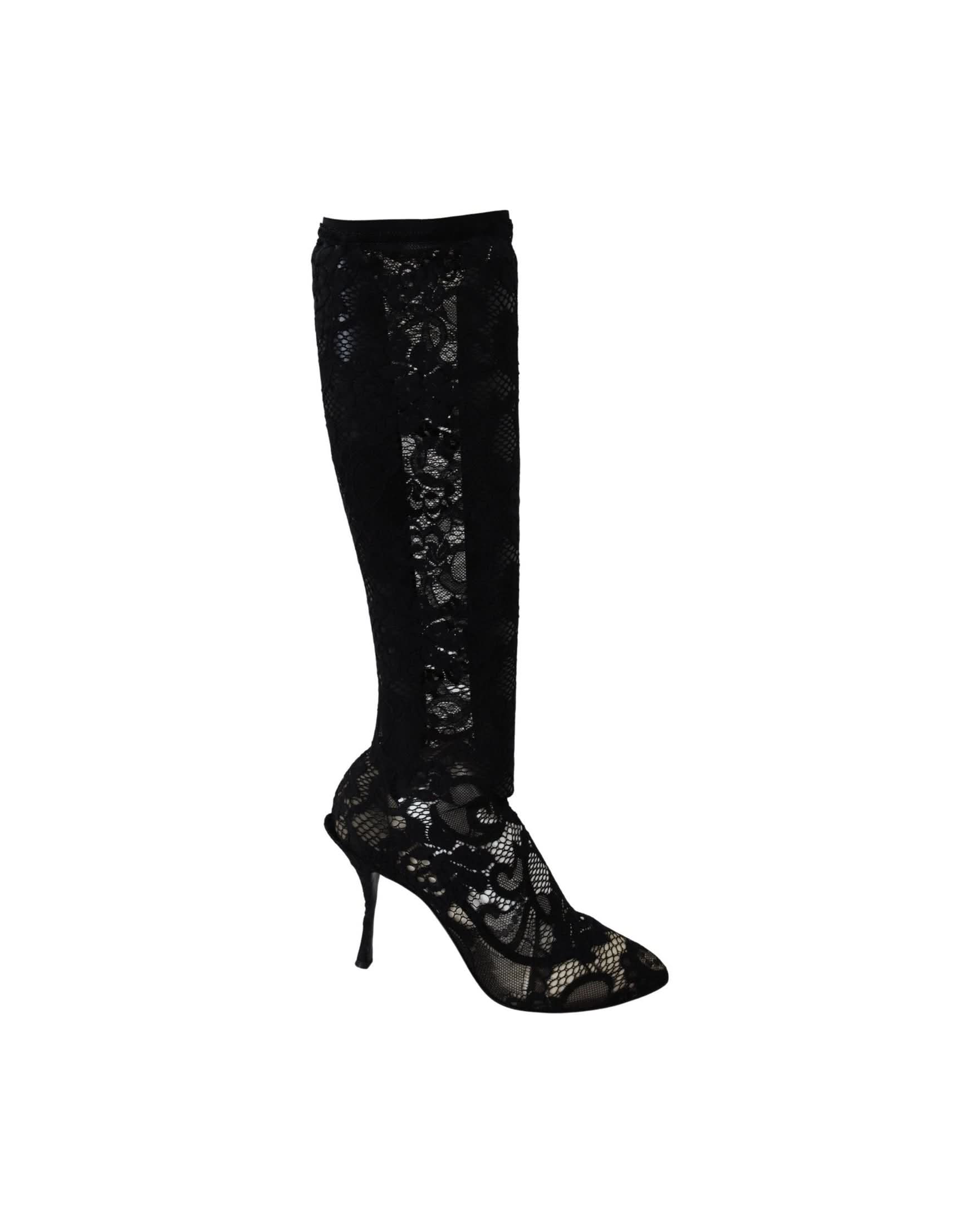 Dolce & Gabbana Black Lace Taormina Socks Boots Pumps Boots