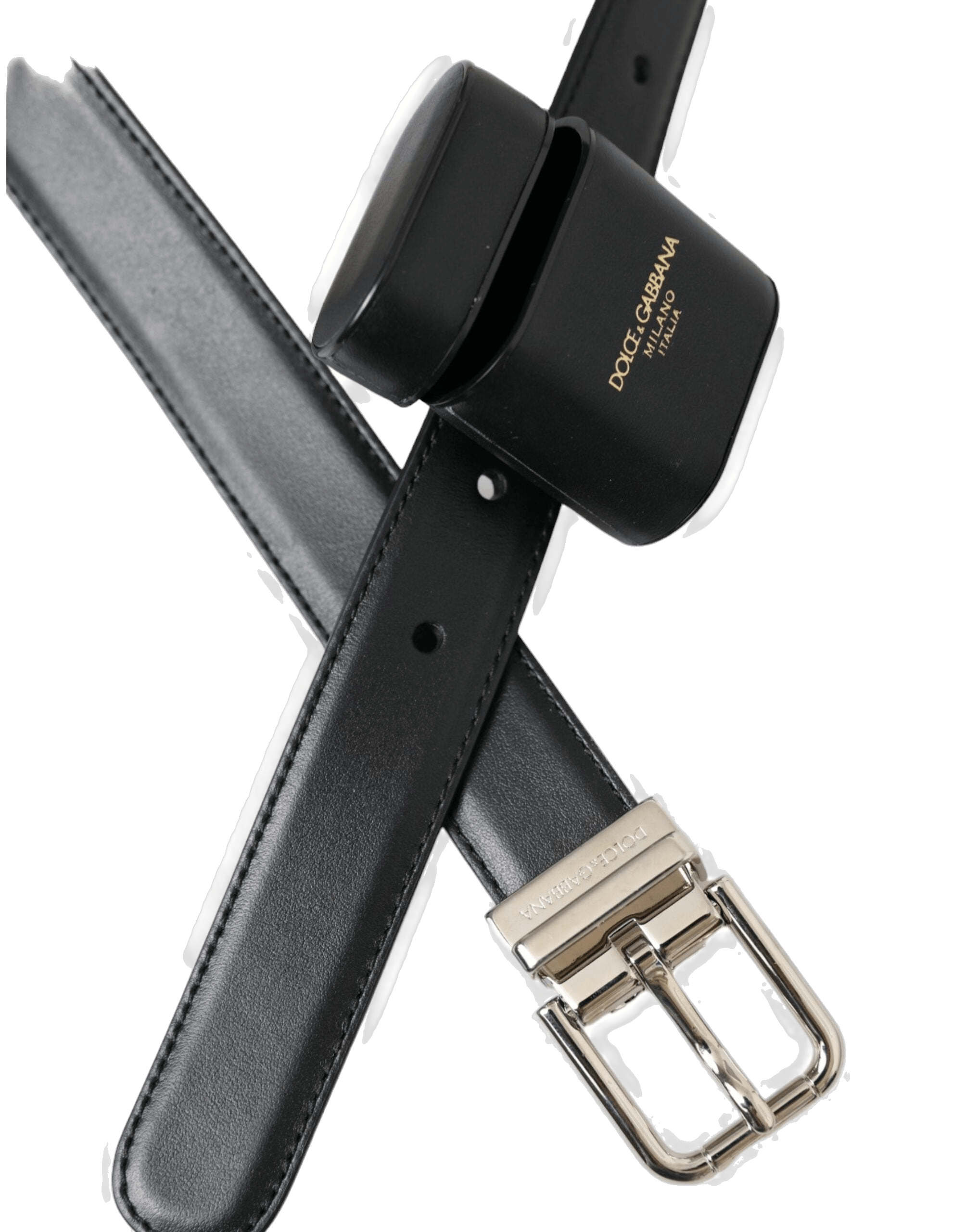Dolce & Gabbana Black Leather Airpods Case Silver Buckle Belt Glam Steals
