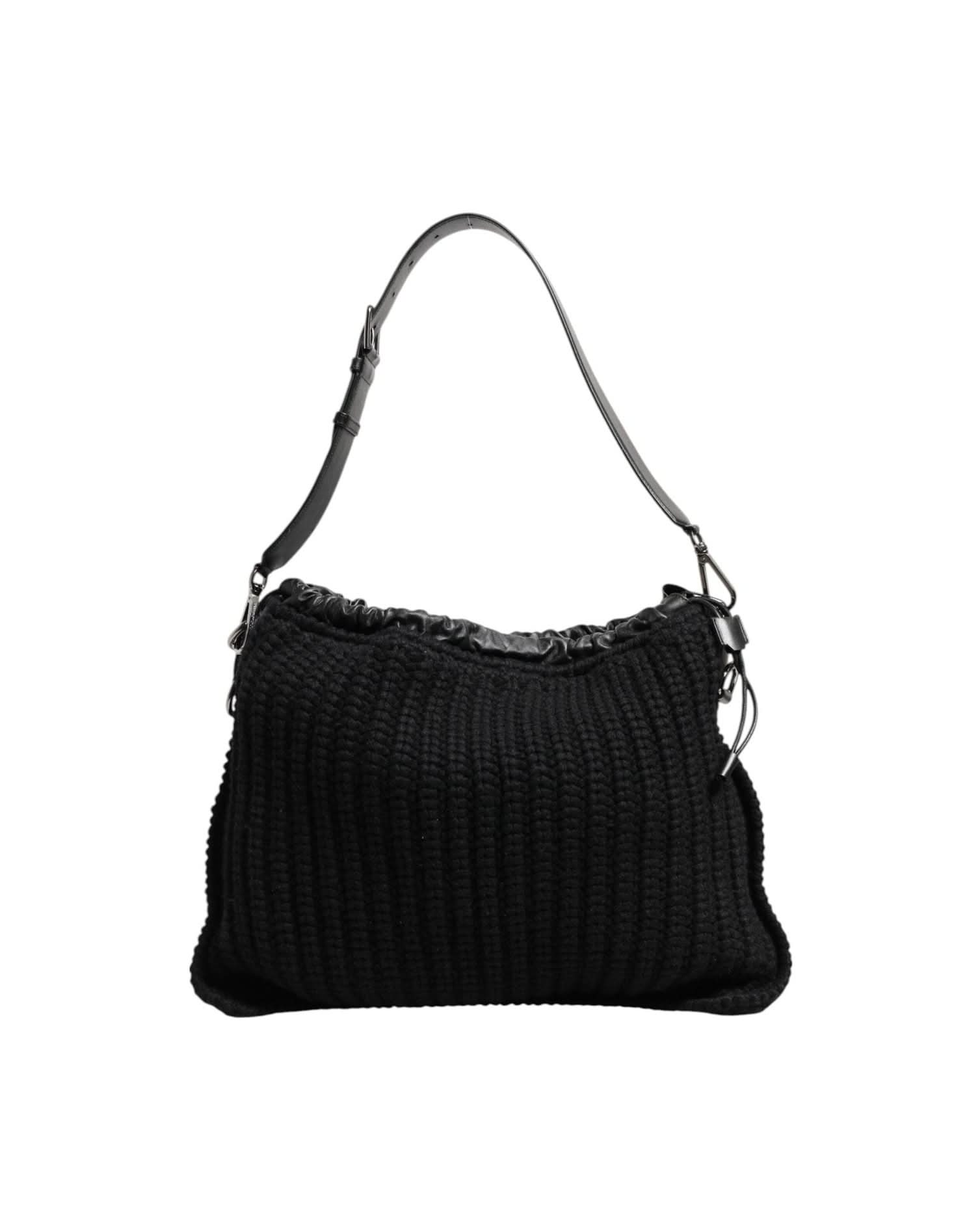 Dolce & Gabbana Black Leather Cashmere Knitted Shoulder Women Borse Bag Shoulder Bags