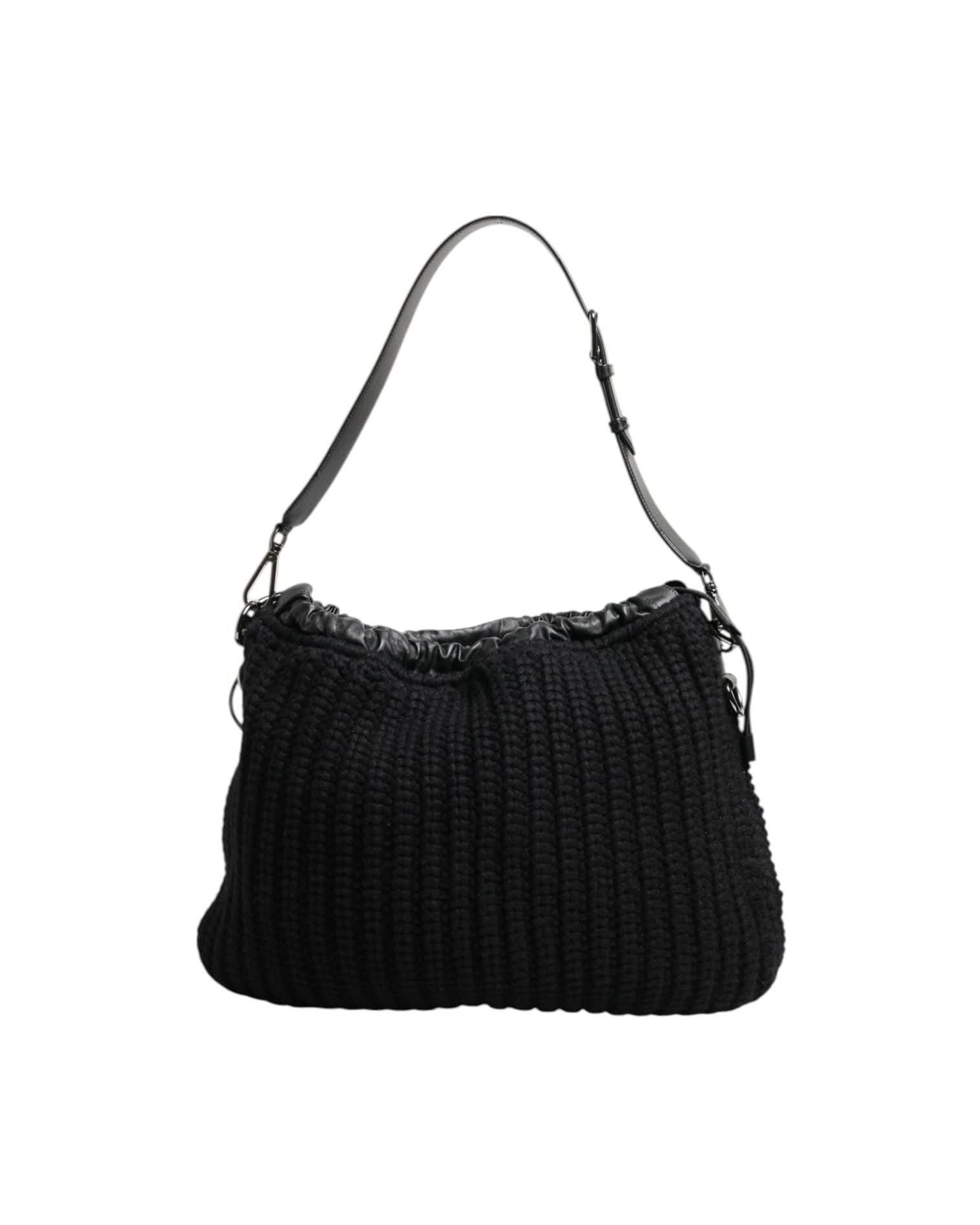 Dolce & Gabbana Black Leather Cashmere Knitted Shoulder Women Borse Bag Shoulder Bags