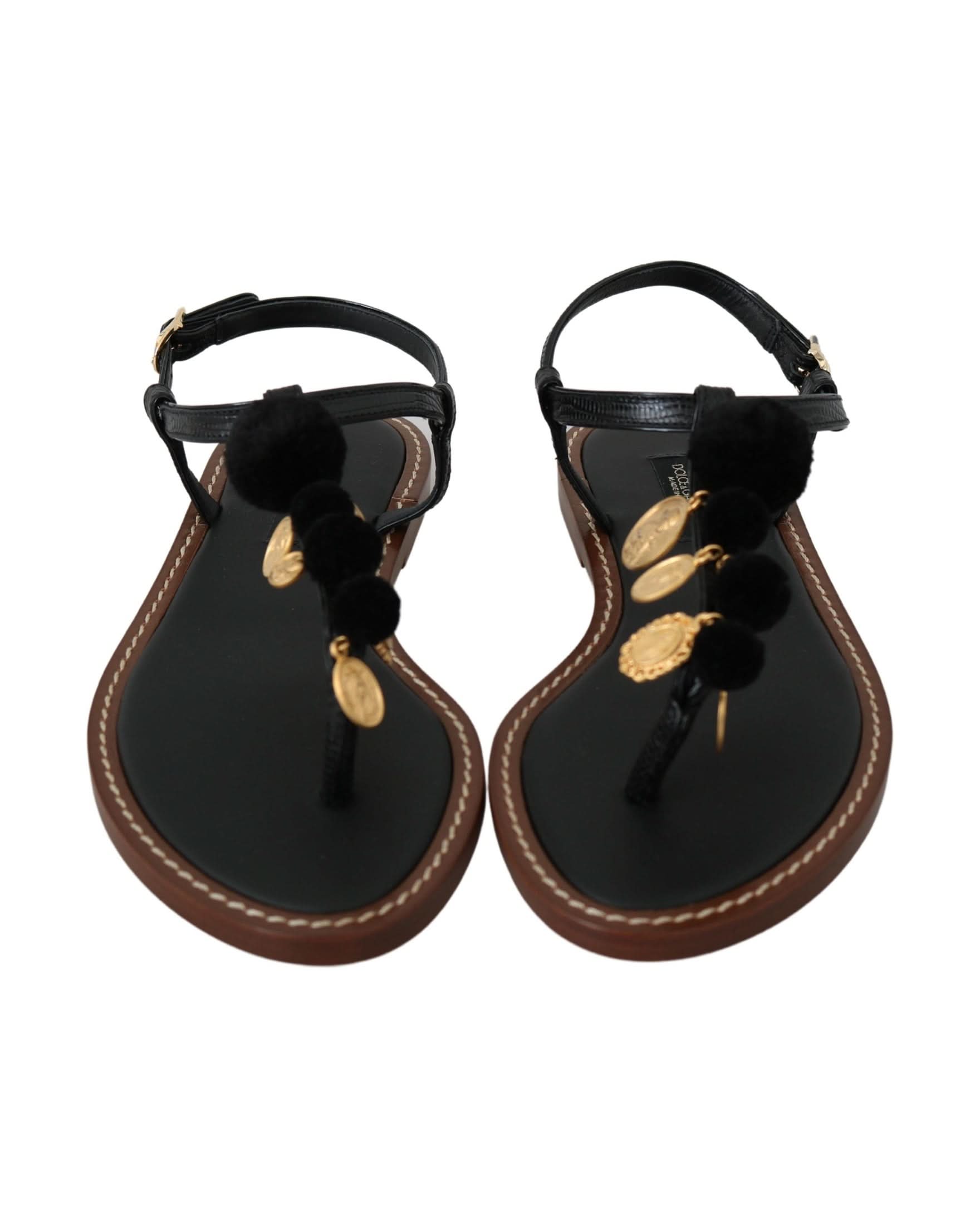 Dolce & Gabbana Black Leather Coins Flip Flops Sandals Shoes Sandals
