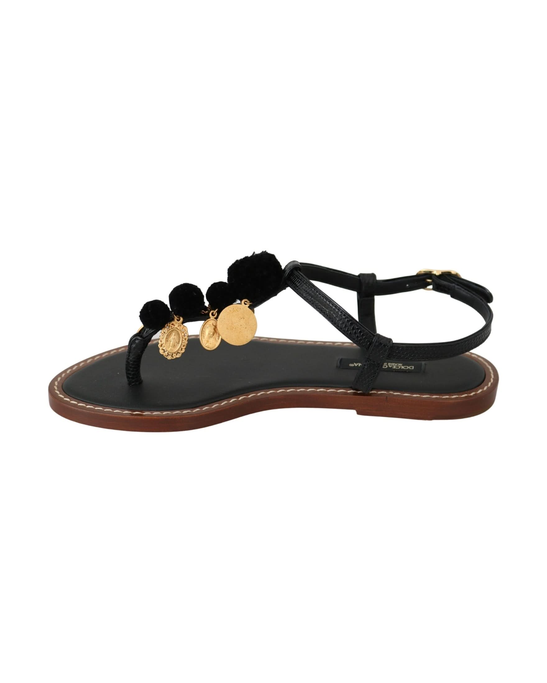 Dolce & Gabbana Black Leather Coins Flip Flops Sandals Shoes Sandals