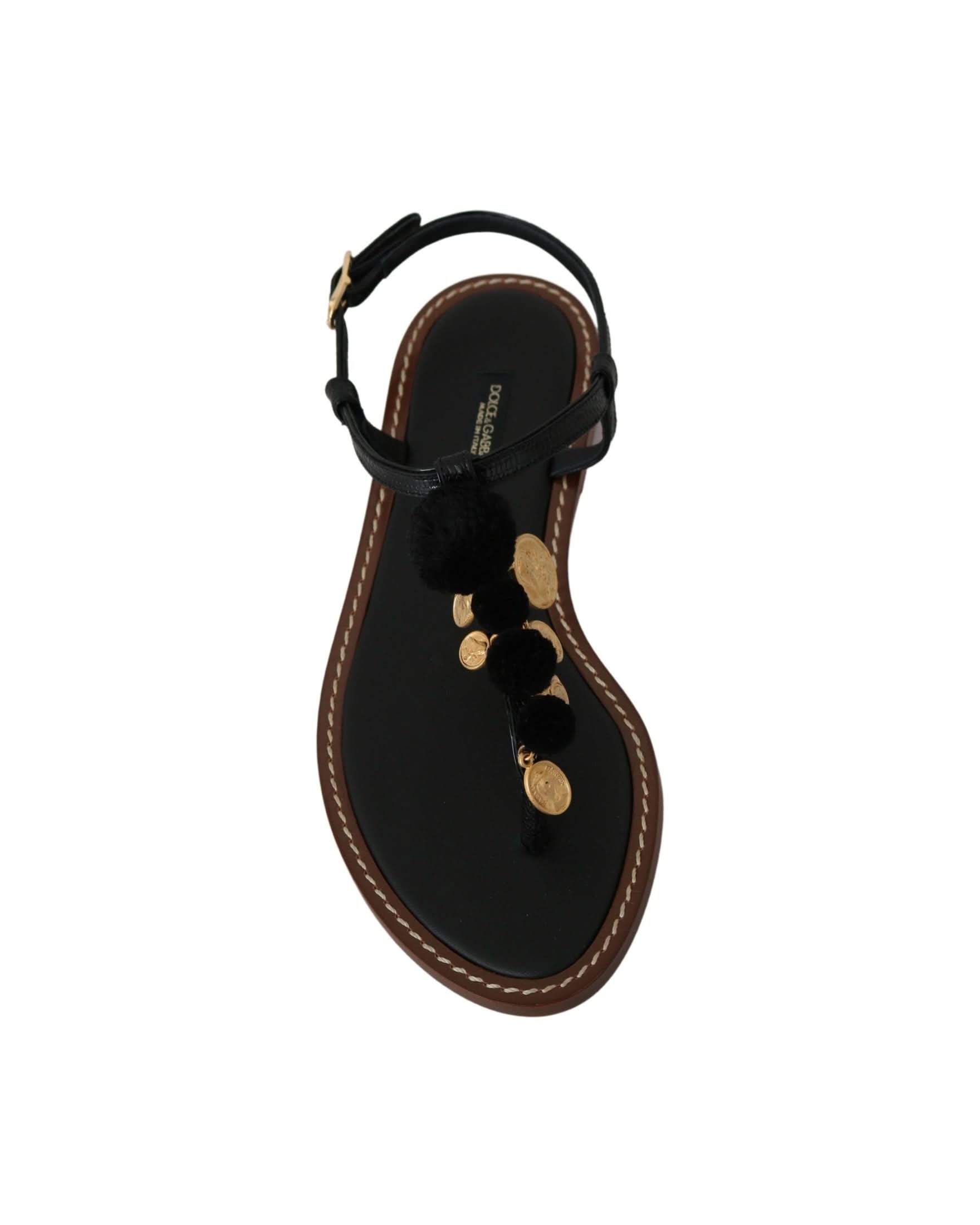 Dolce & Gabbana Black Leather Coins Flip Flops Sandals Shoes Sandals