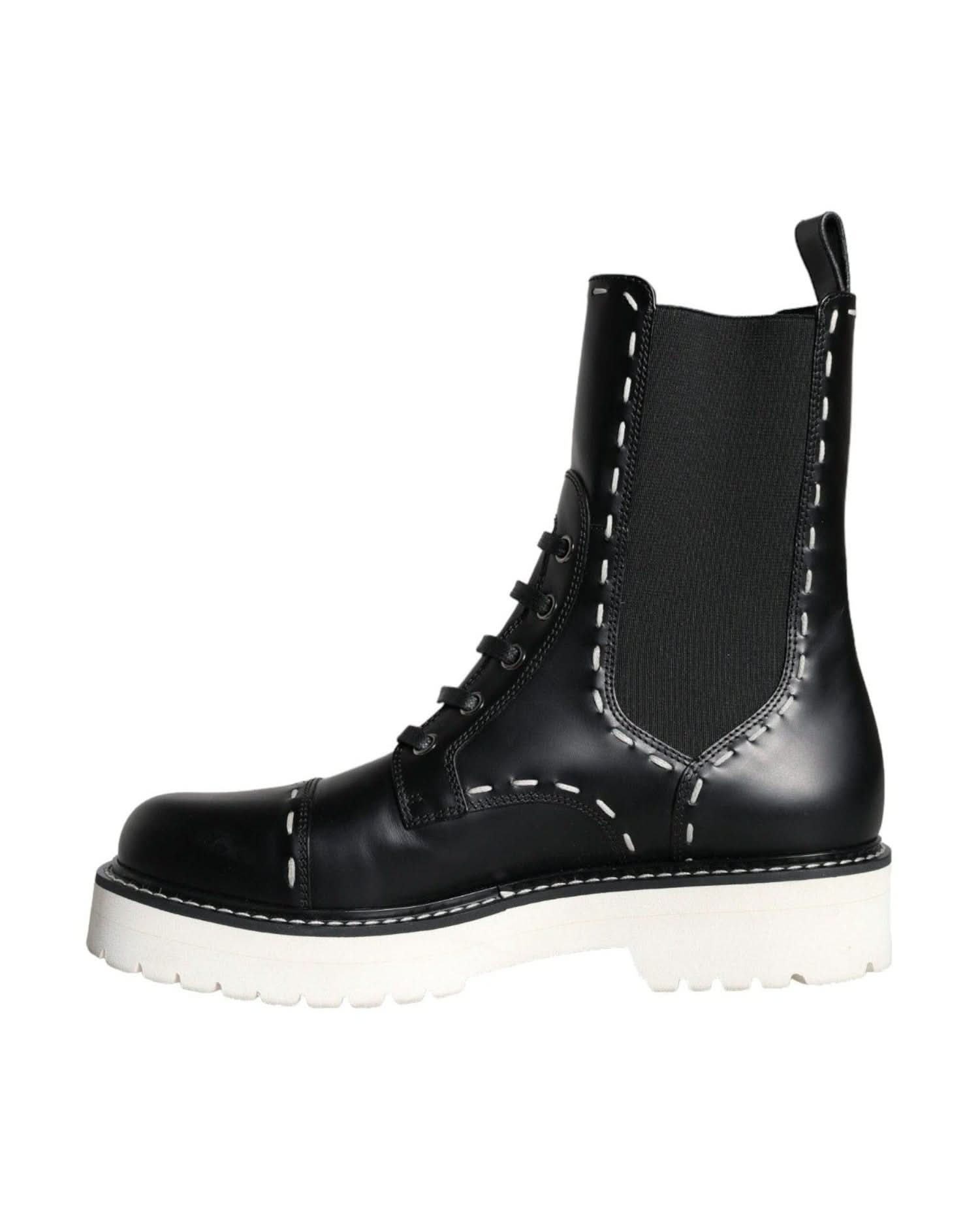 Dolce & Gabbana Black Leather Combat Mid Calf Boots Shoes Boots