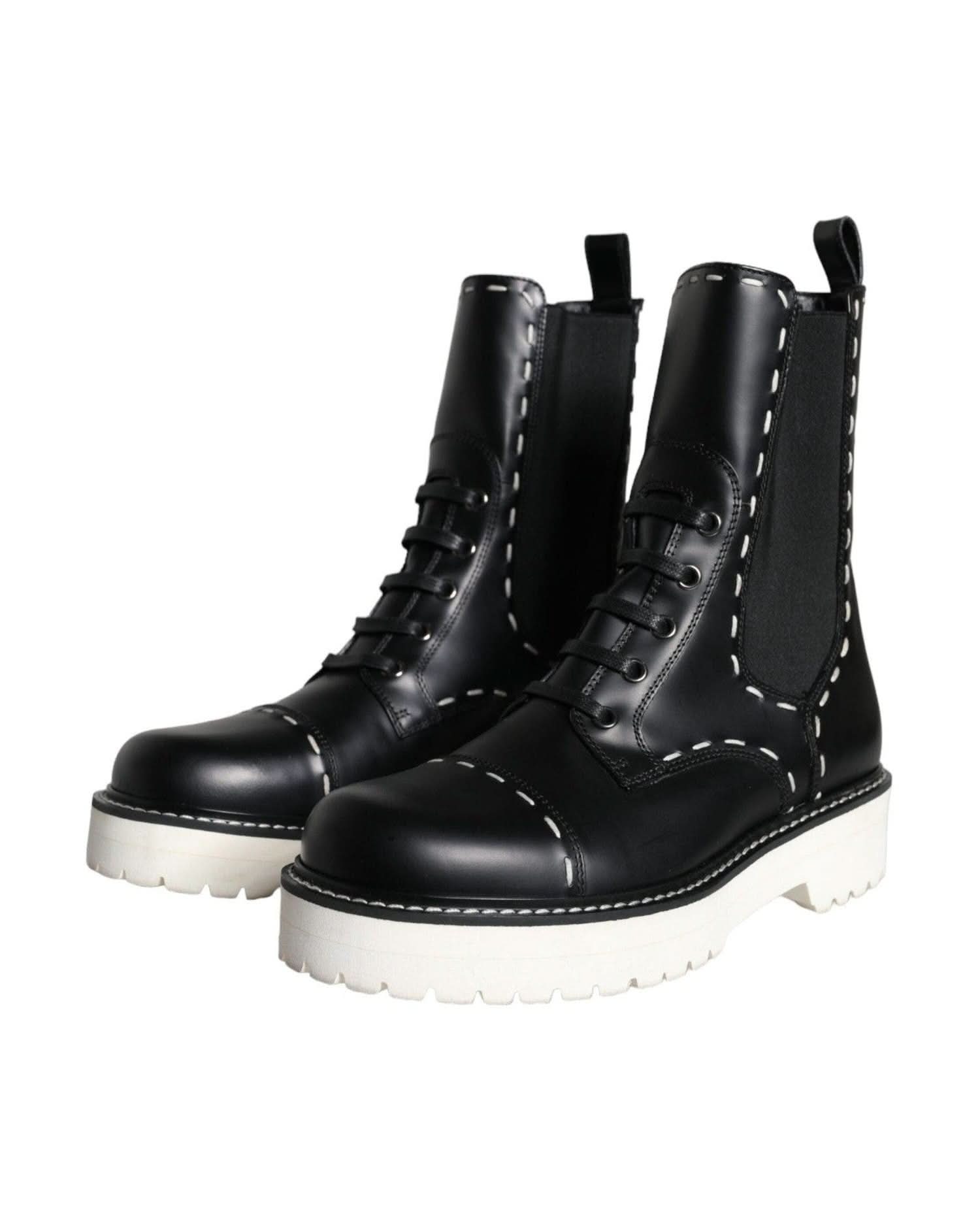 Dolce & Gabbana Black Leather Combat Mid Calf Boots Shoes Boots