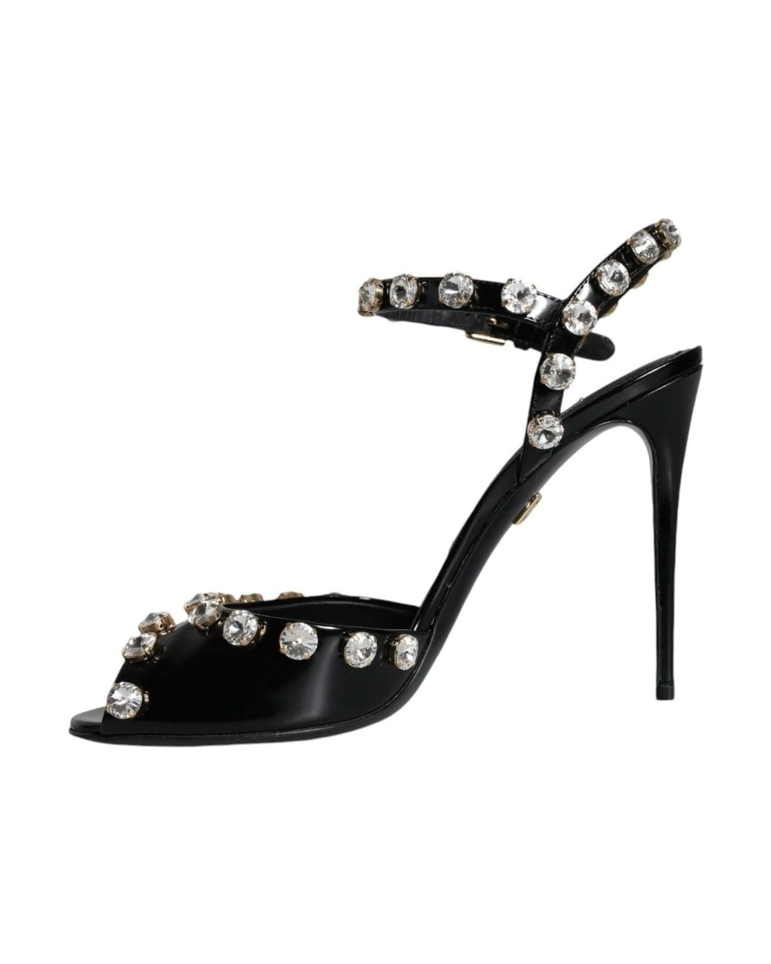 Dolce & Gabbana Black Leather Crystal Ankle Strap Sandals Shoes Heels