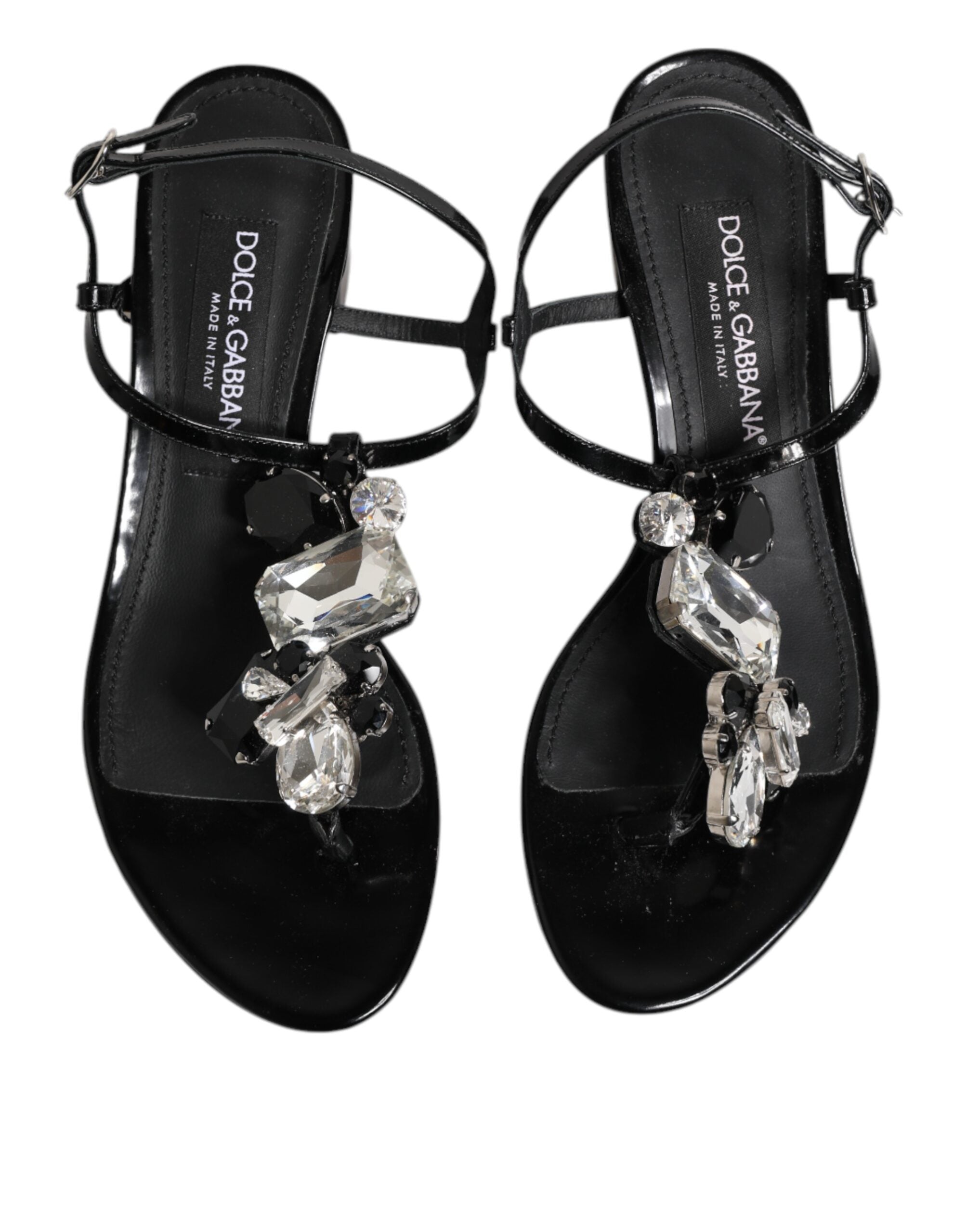 Dolce & Gabbana Black Leather Crystal Ankle Strap Sandals Shoes Glam Steals
