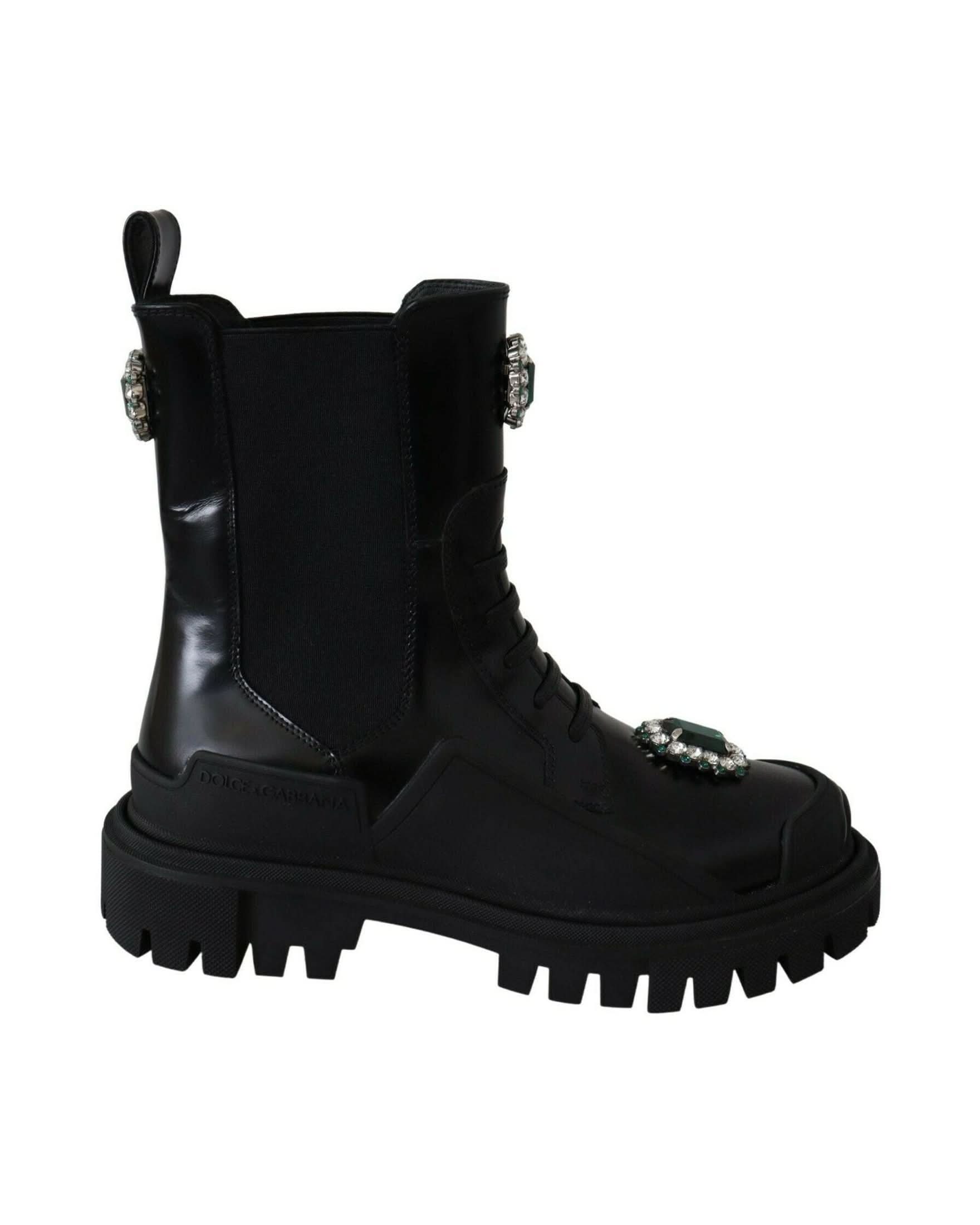 Dolce & Gabbana Black Leather Crystal Combat Boots Boots