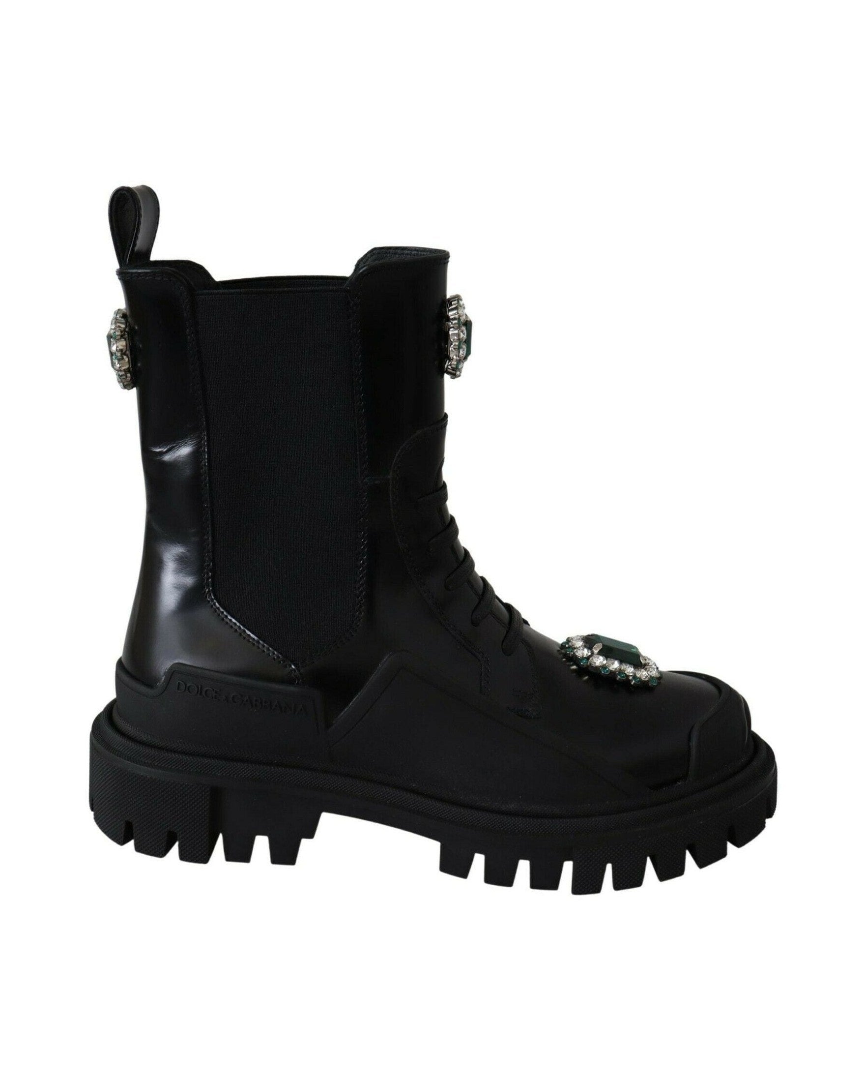 Dolce & Gabbana Black Leather Crystal Combat Boots Boots