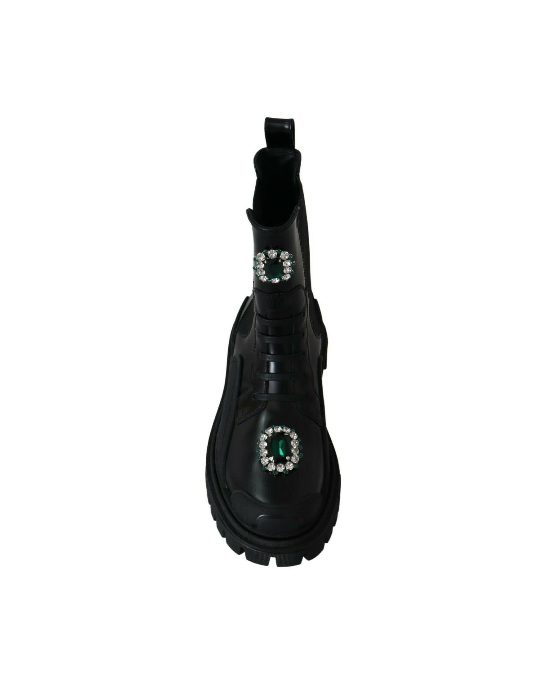 Dolce & Gabbana Black Leather Crystal Combat Boots Boots