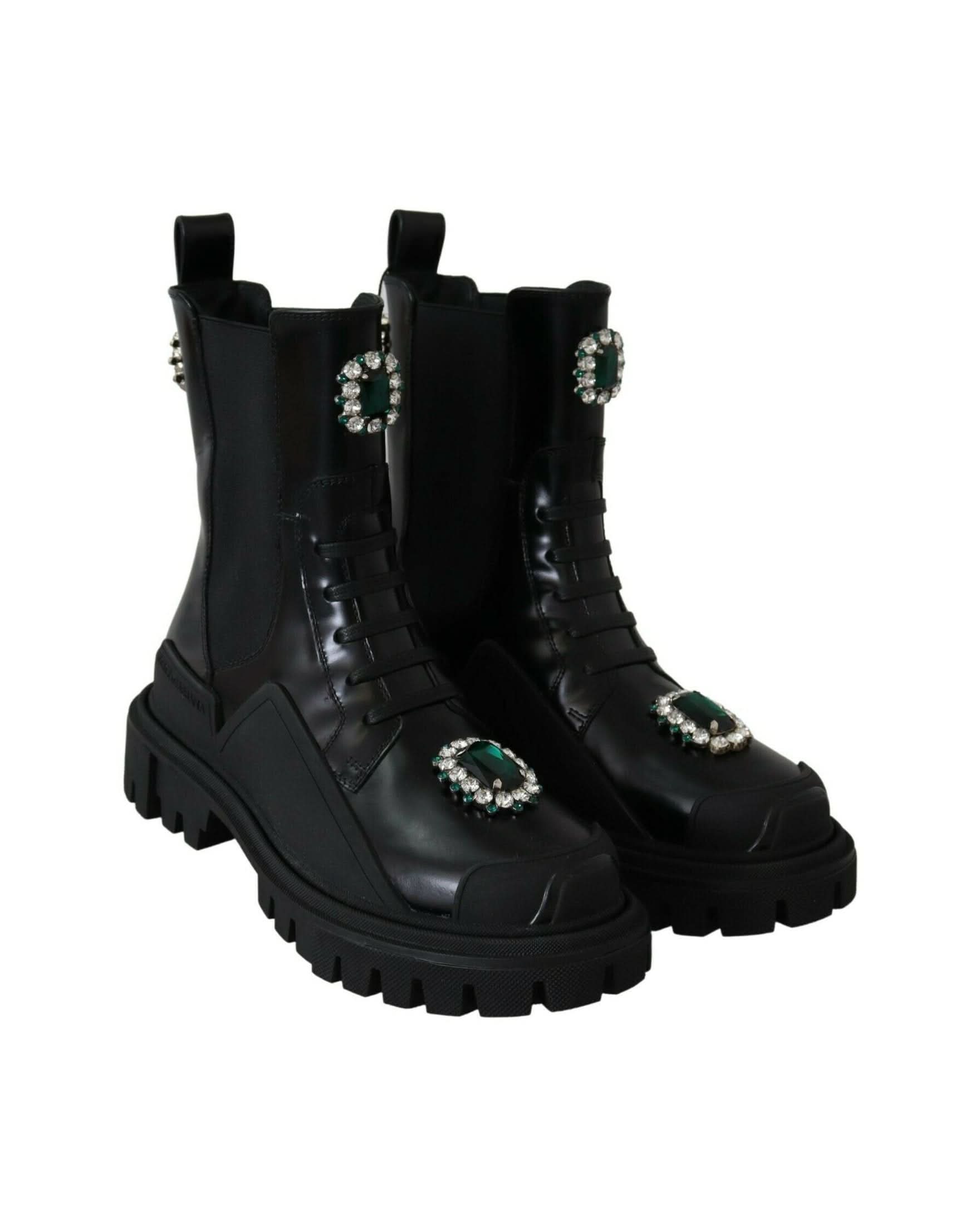 Dolce & Gabbana Black Leather Crystal Combat Boots Boots