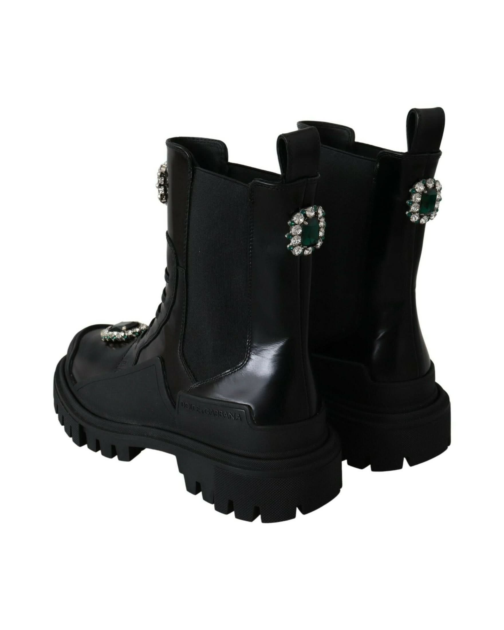 Dolce & Gabbana Black Leather Crystal Combat Boots Boots