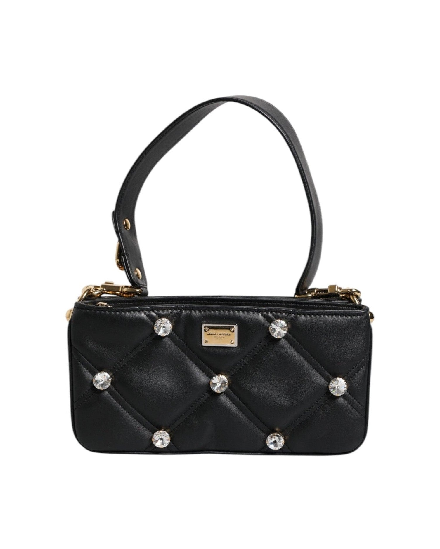 Dolce & Gabbana Leather Crystal Embellished Logo Shoulder Black Bag Glam Steals