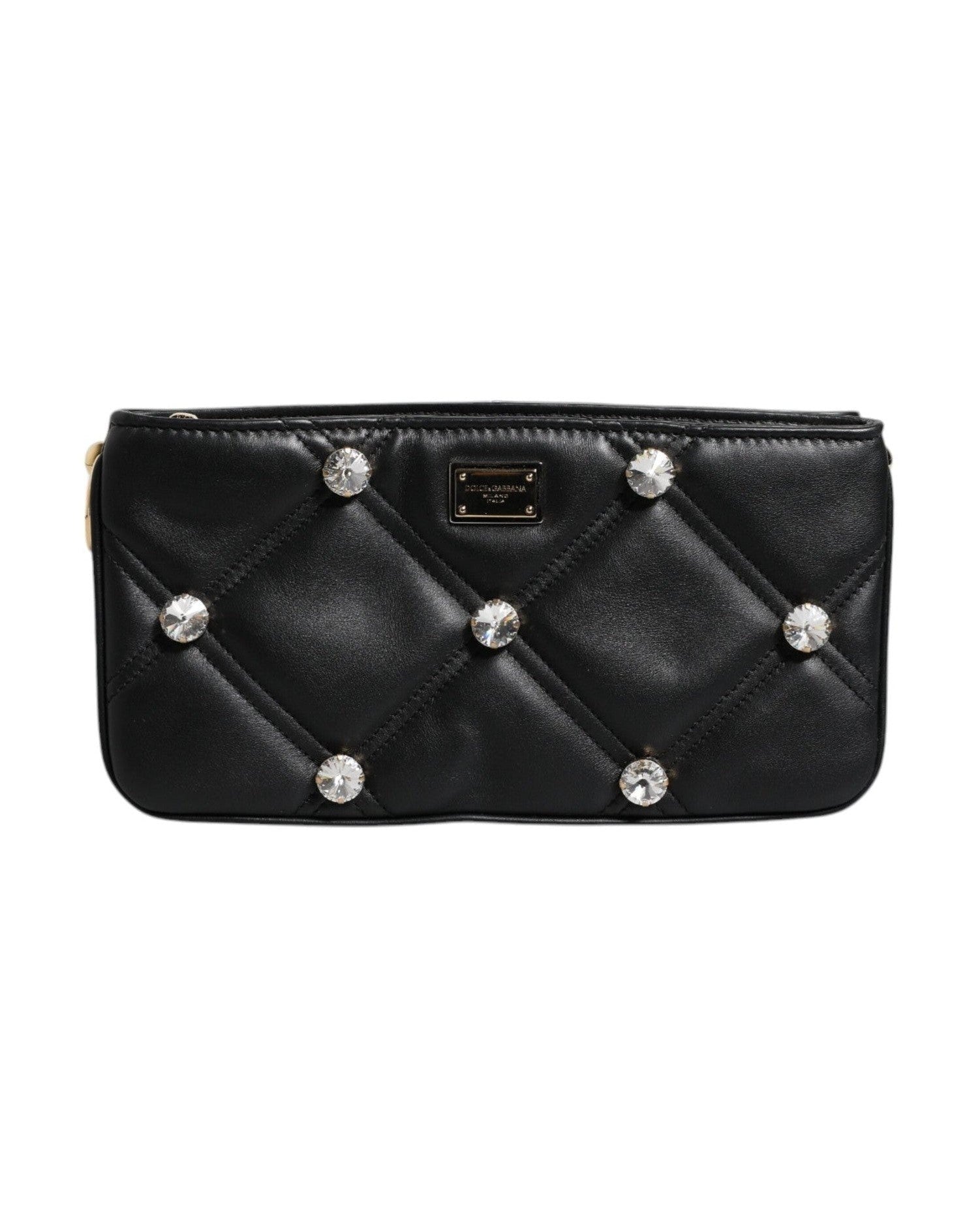 Dolce & Gabbana Leather Crystal Embellished Logo Shoulder Black Bag Glam Steals