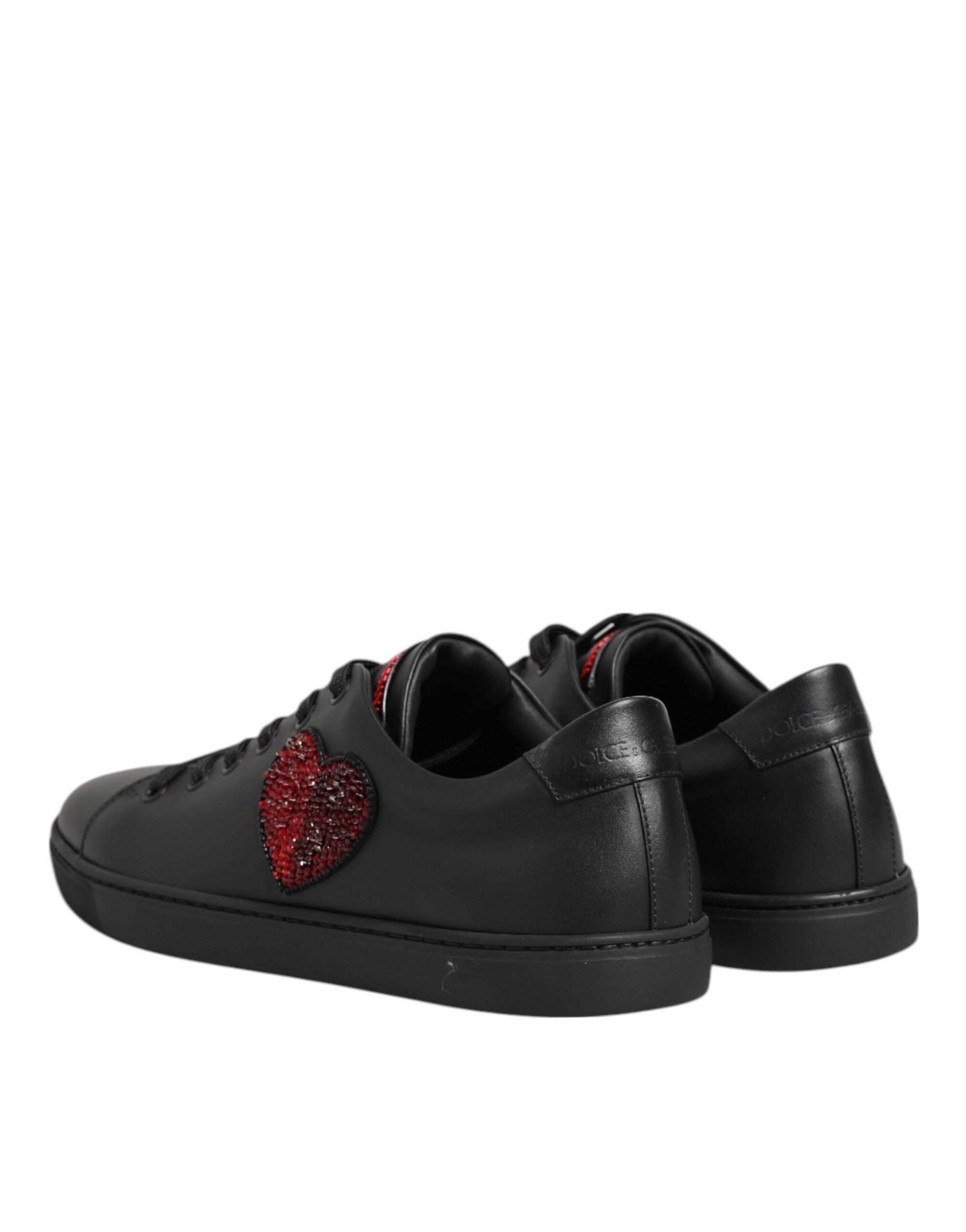 Dolce & Gabbana Black Leather Crystal Heart Low Top Sneakers Shoes Glam Steals