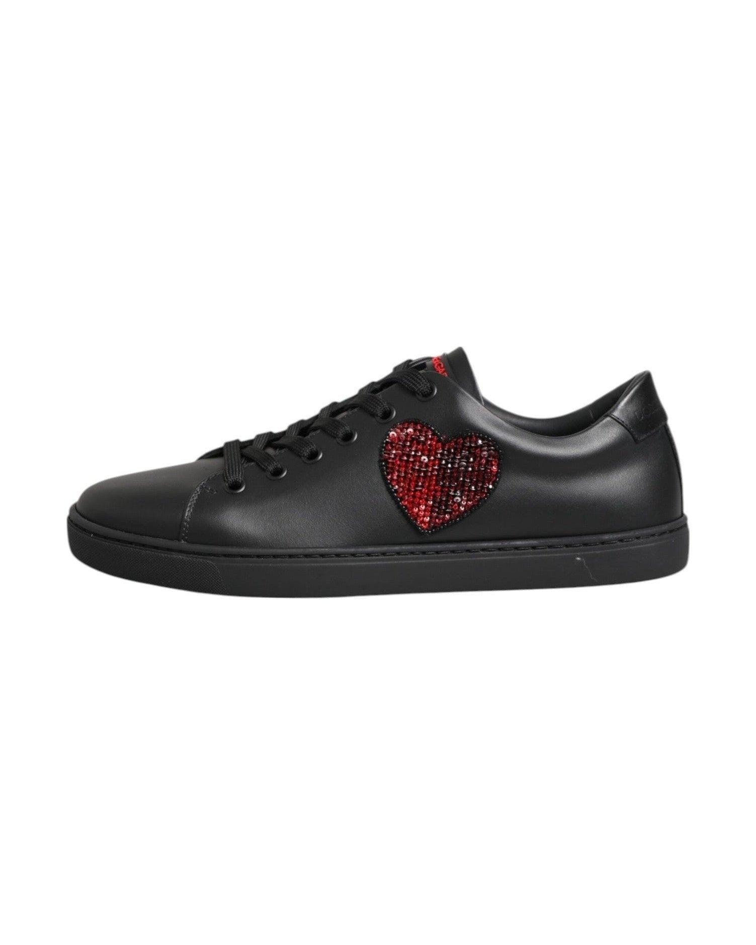Dolce & Gabbana Black Leather Crystal Heart Low Top Sneakers Shoes Glam Steals
