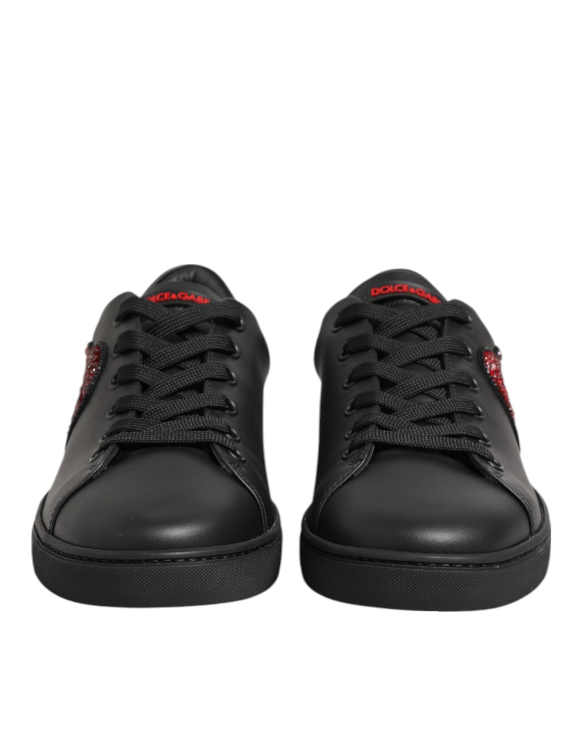 Dolce & Gabbana Black Leather Crystal Heart Low Top Sneakers Shoes Glam Steals